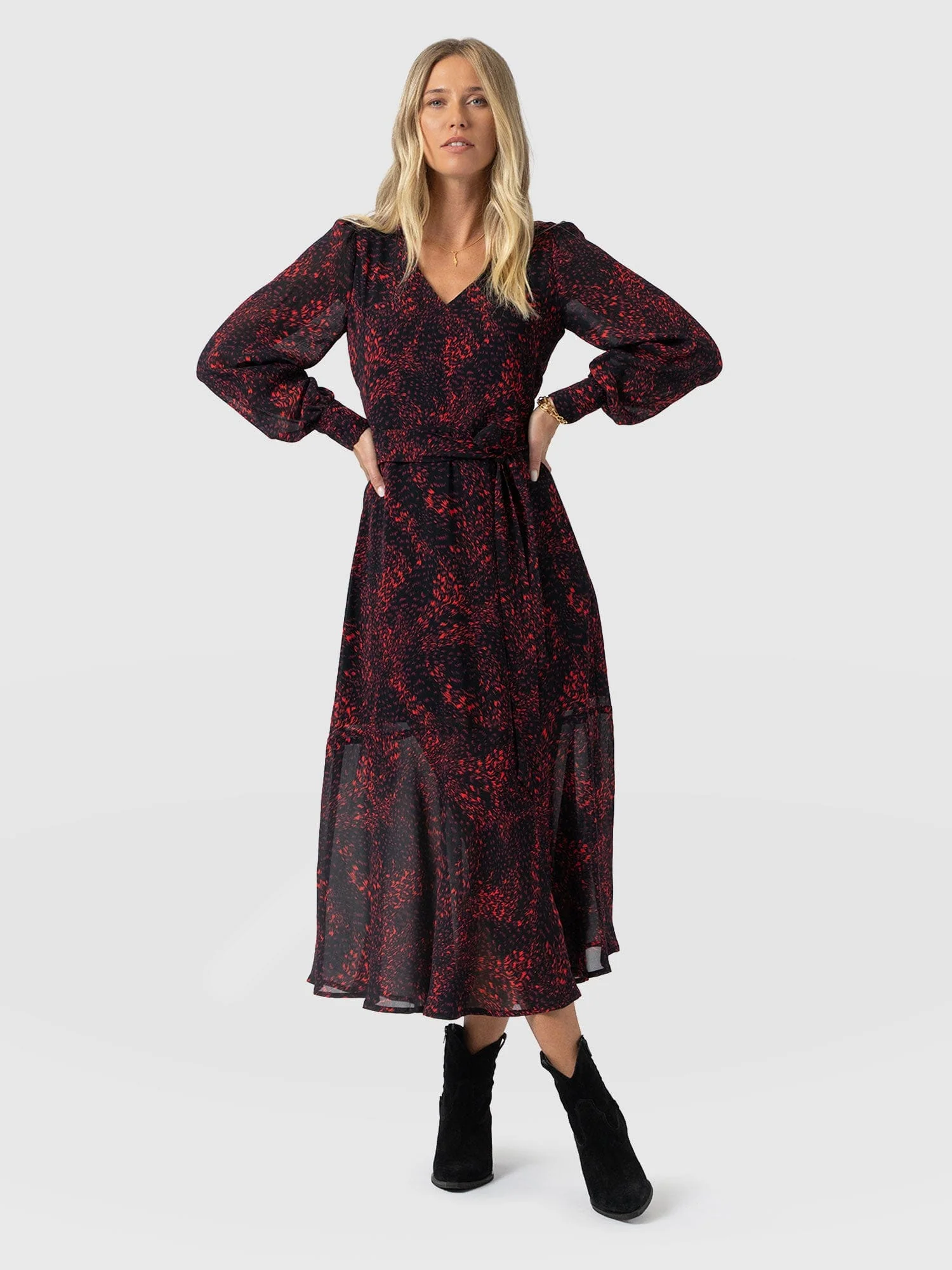Allegra V Neck Dress - Red Fade Spot