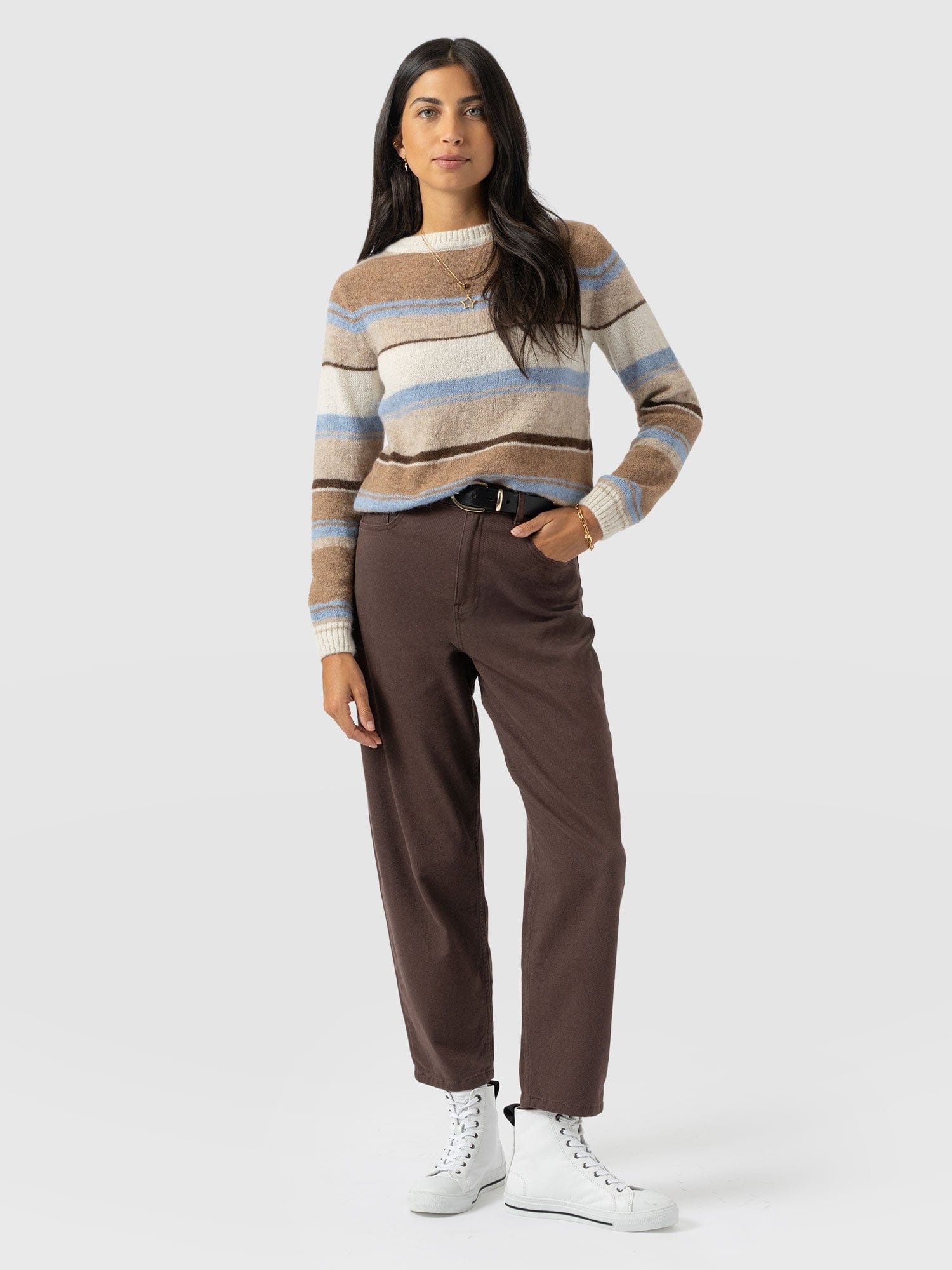 Ariella Boat Neck Jumper - Blue/Brown Stripe - Image 2