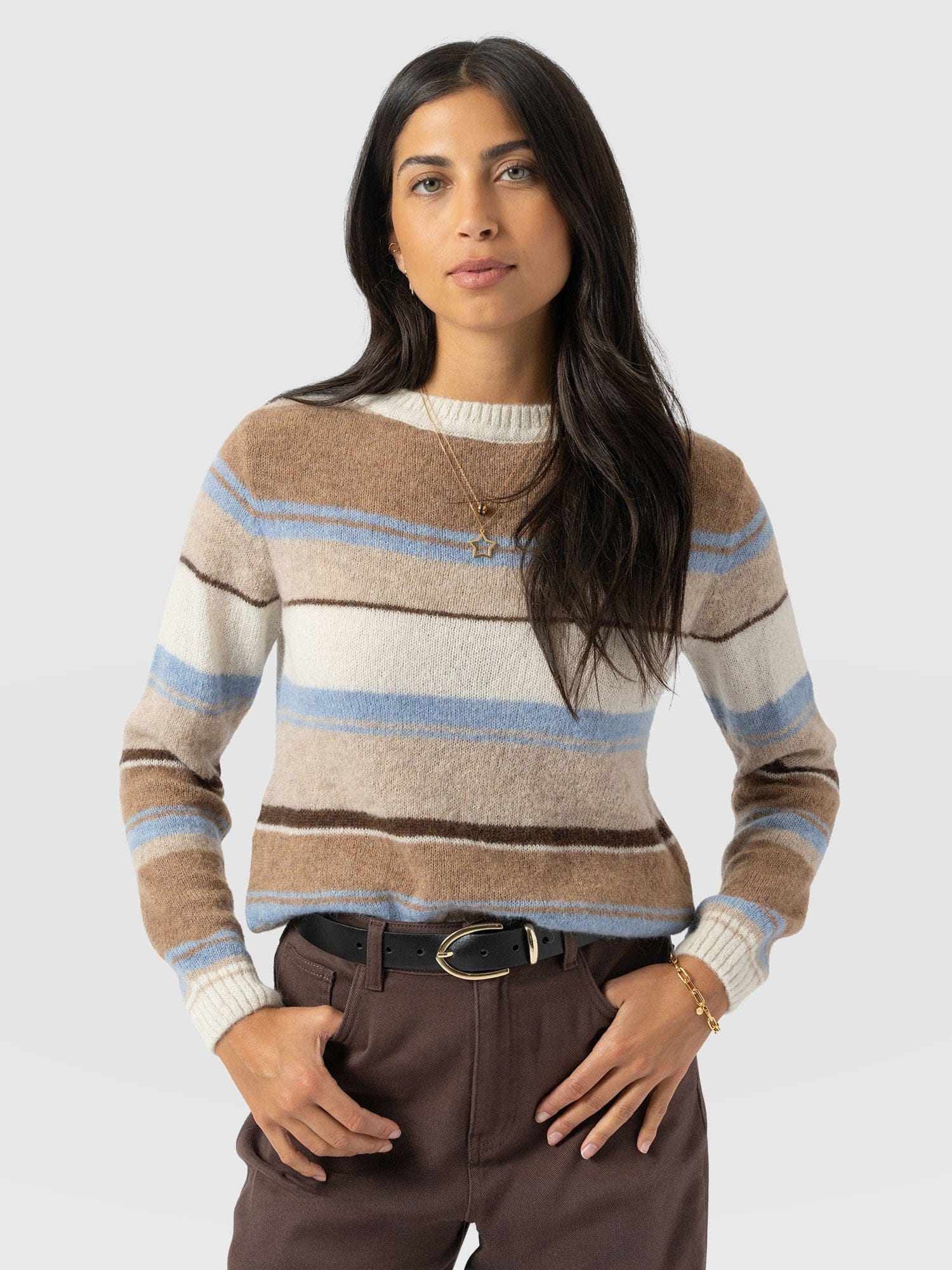 Ariella Boat Neck Jumper - Blue/Brown Stripe - Image 3