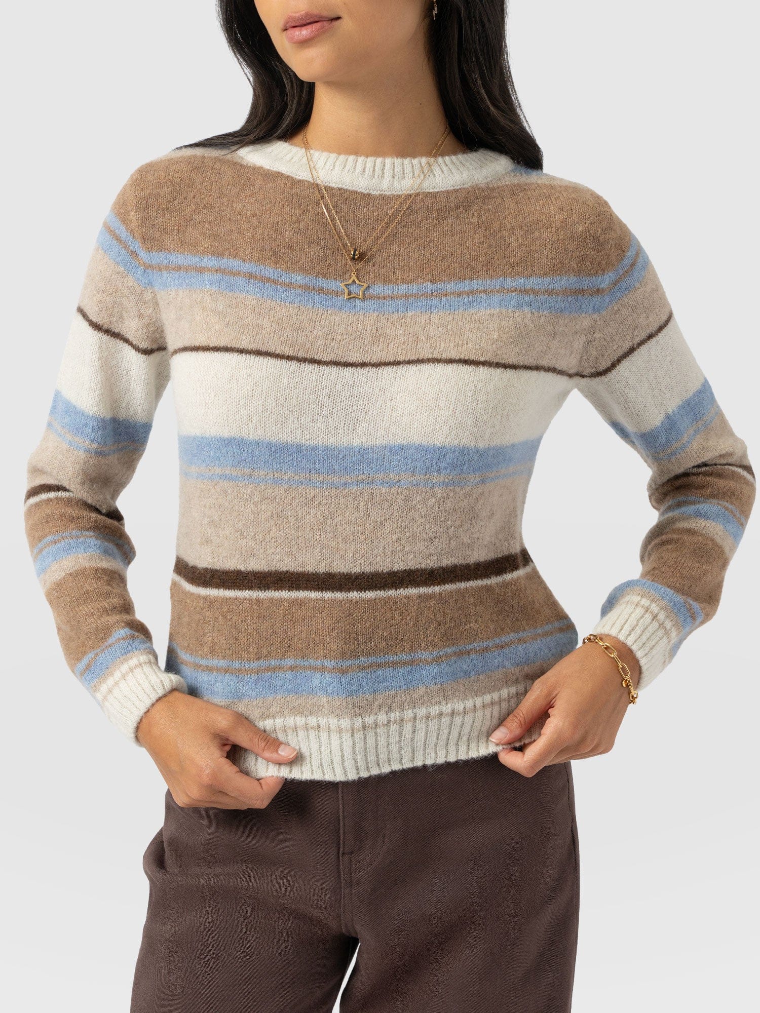 Ariella Boat Neck Jumper - Blue/Brown Stripe - Image 4