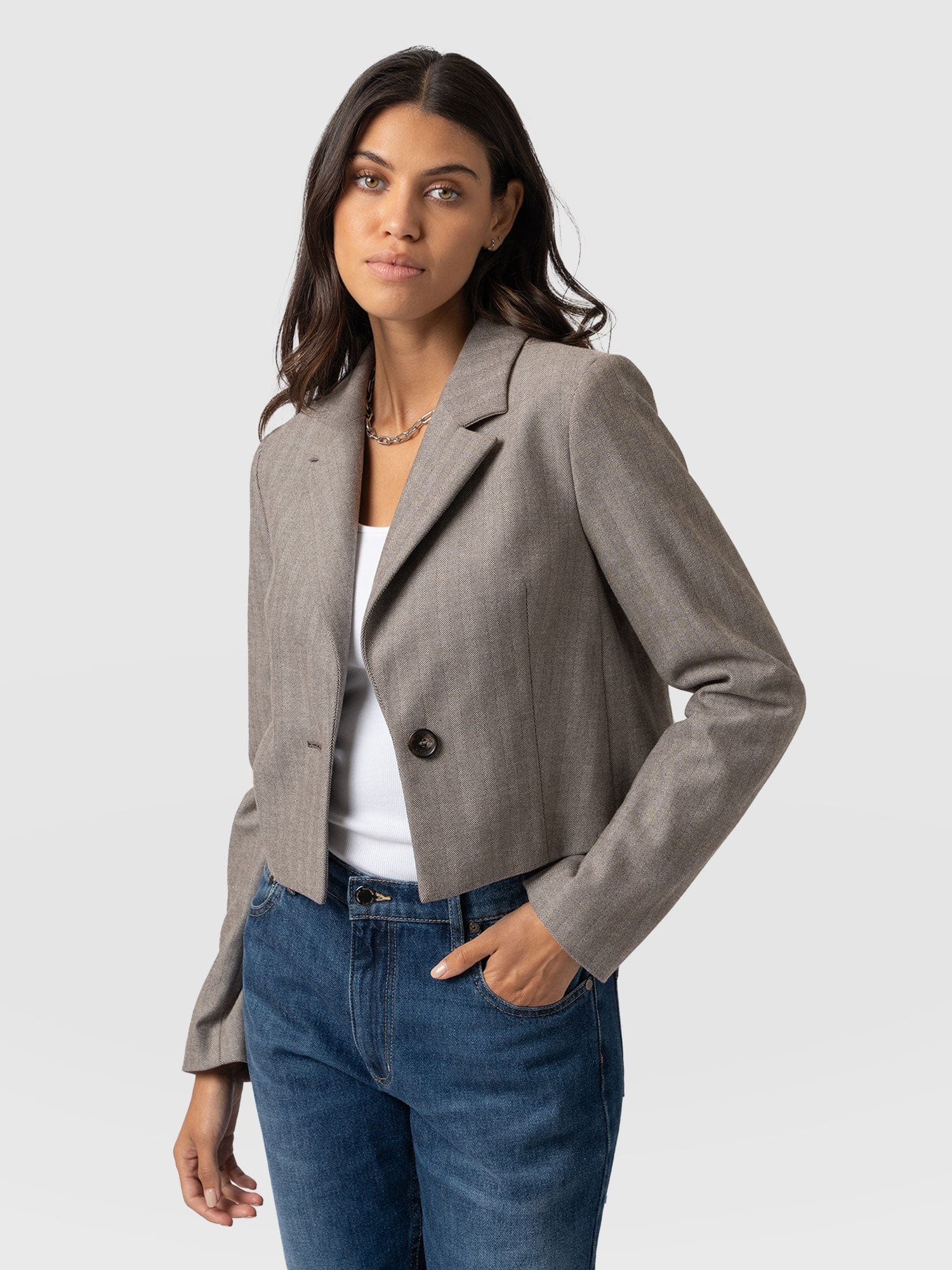 Astrid Cropped Blazer - Brown Herringbone - Image 2