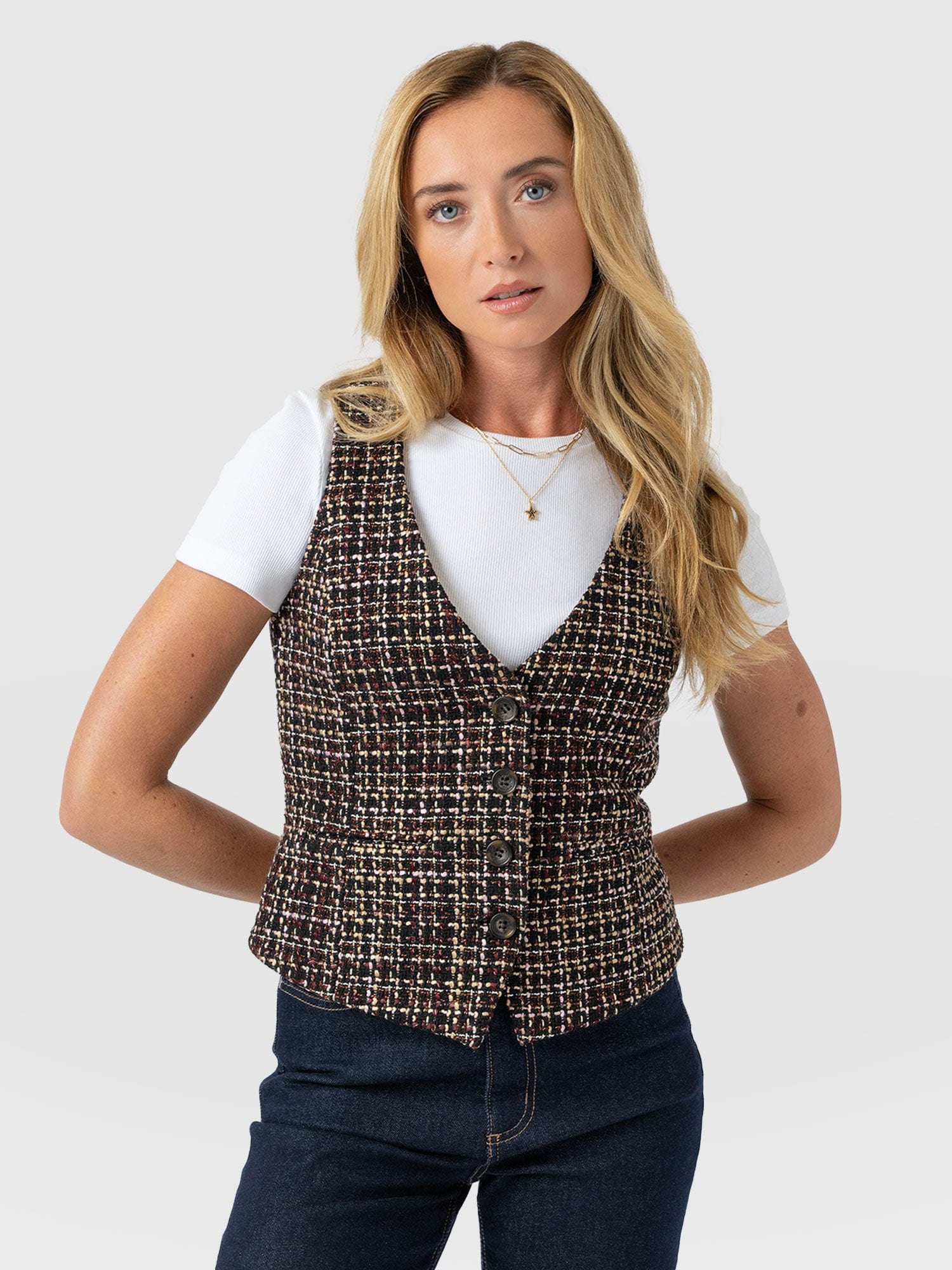 Astrid Waistcoat - Black/Burgundy/Gold Boucle - Image 2