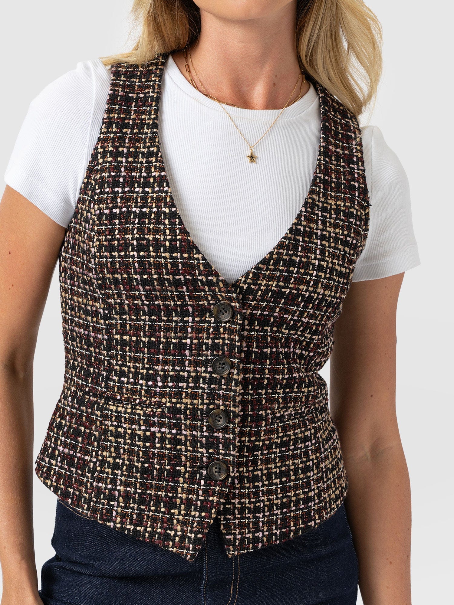 Astrid Waistcoat - Black/Burgundy/Gold Boucle - Image 3