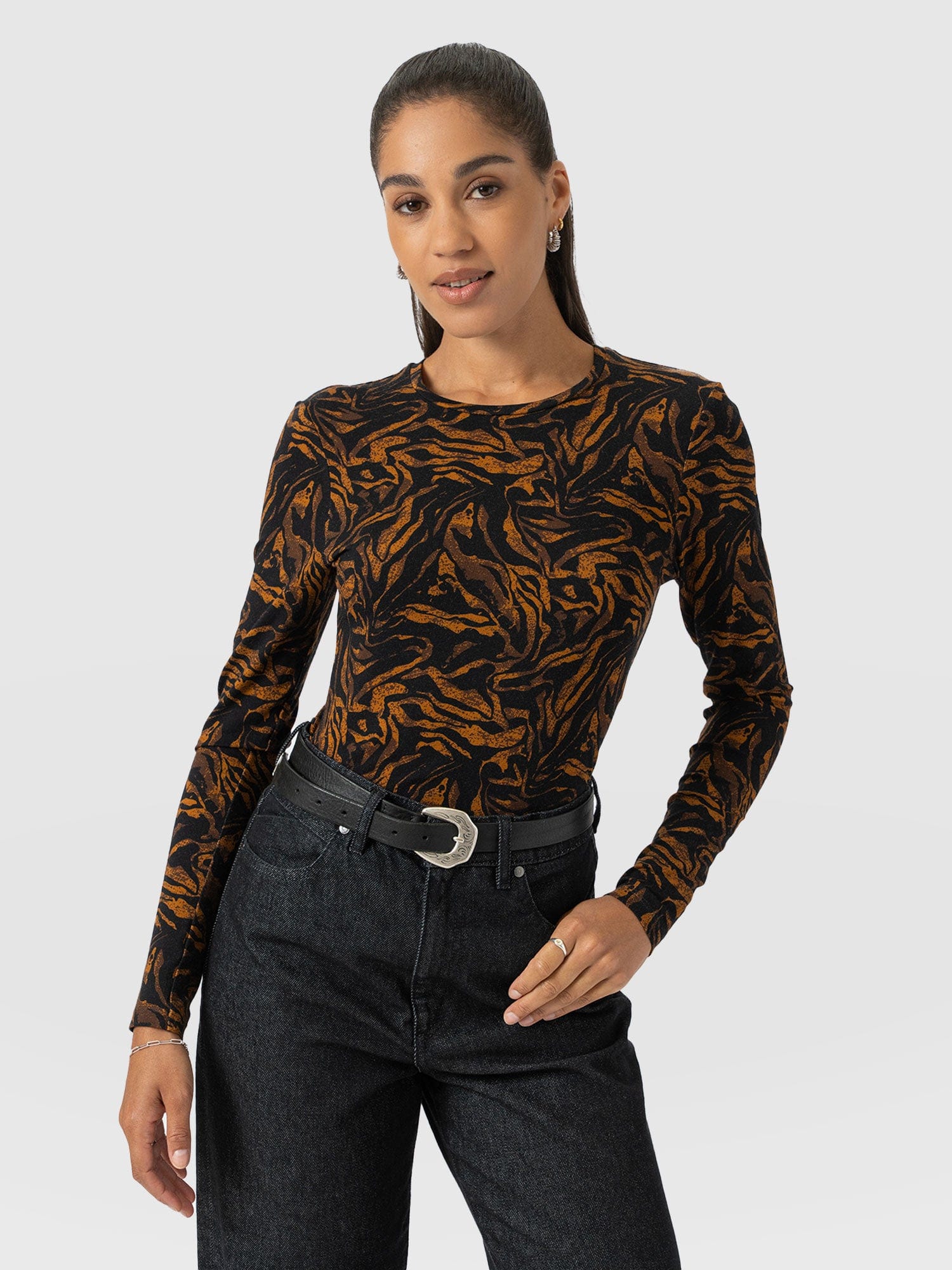 Austen Crew Neck Long Sleeve Tee - Brown Zebra