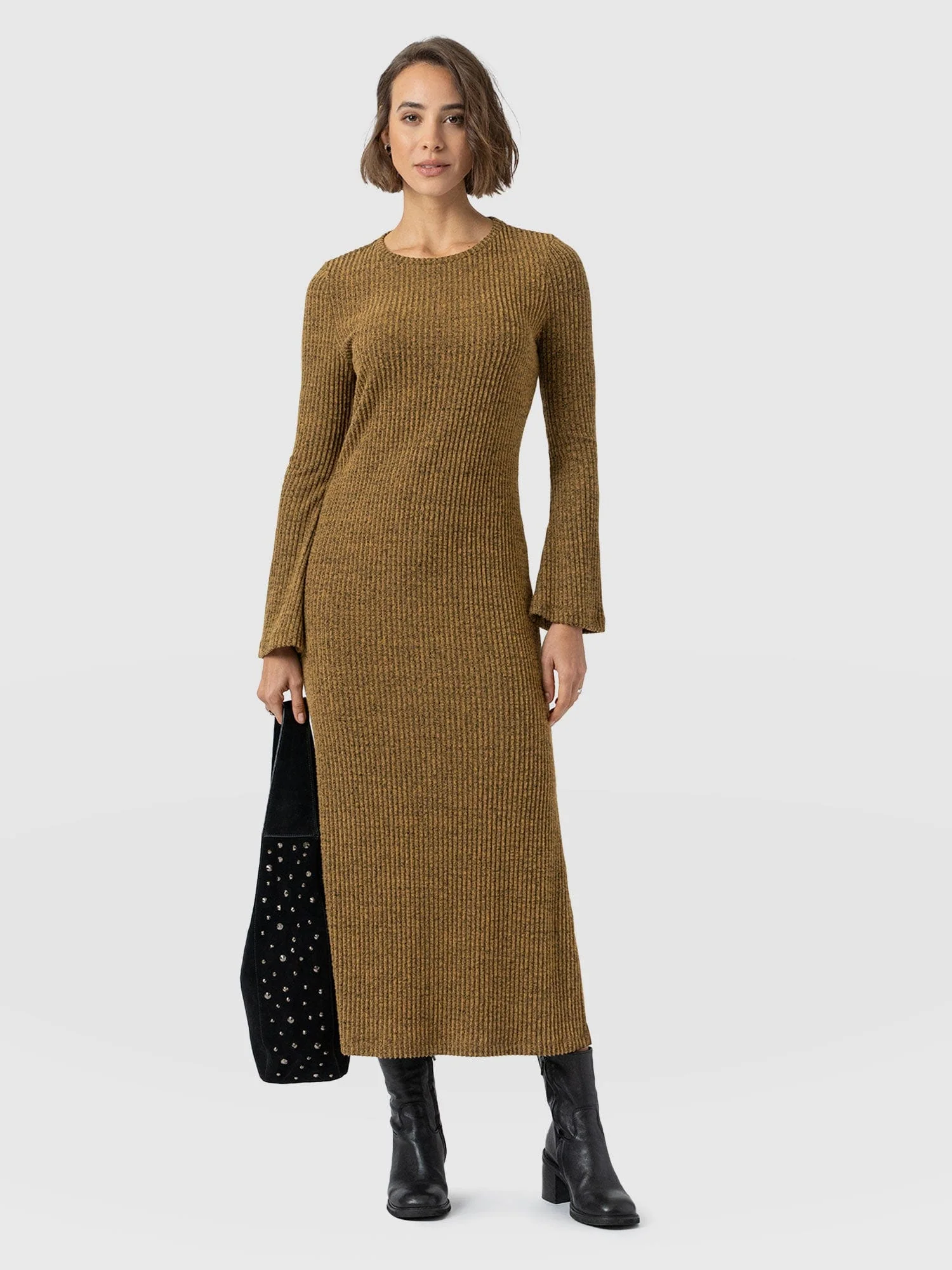 Callie Fluted Midi Dress - Mustard Melange - Image 2