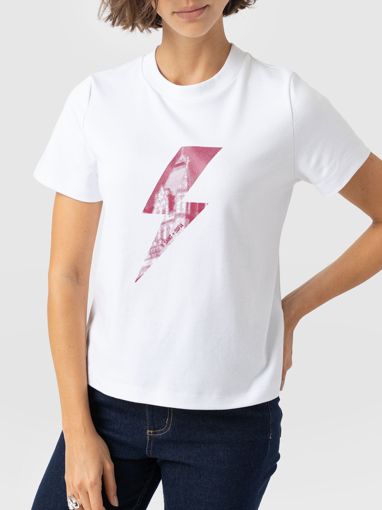 Chelsea Crew Neck Tee - White - Pink Lightning Bolt - Image 2