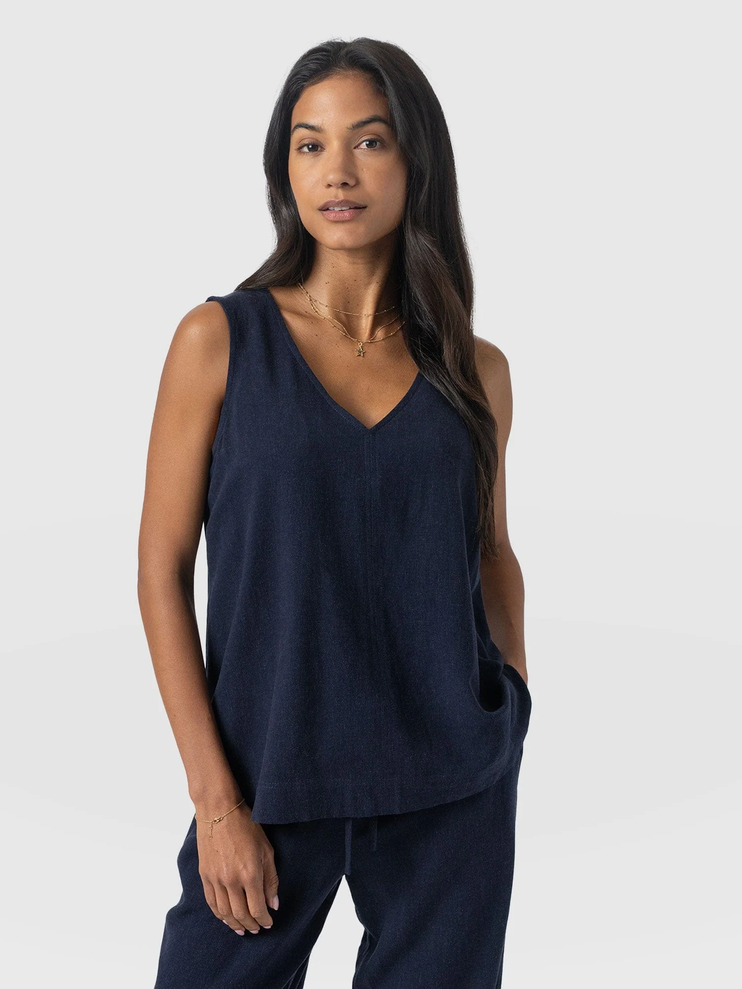 Corinne Linen V Neck Tunic - Navy - Image 2