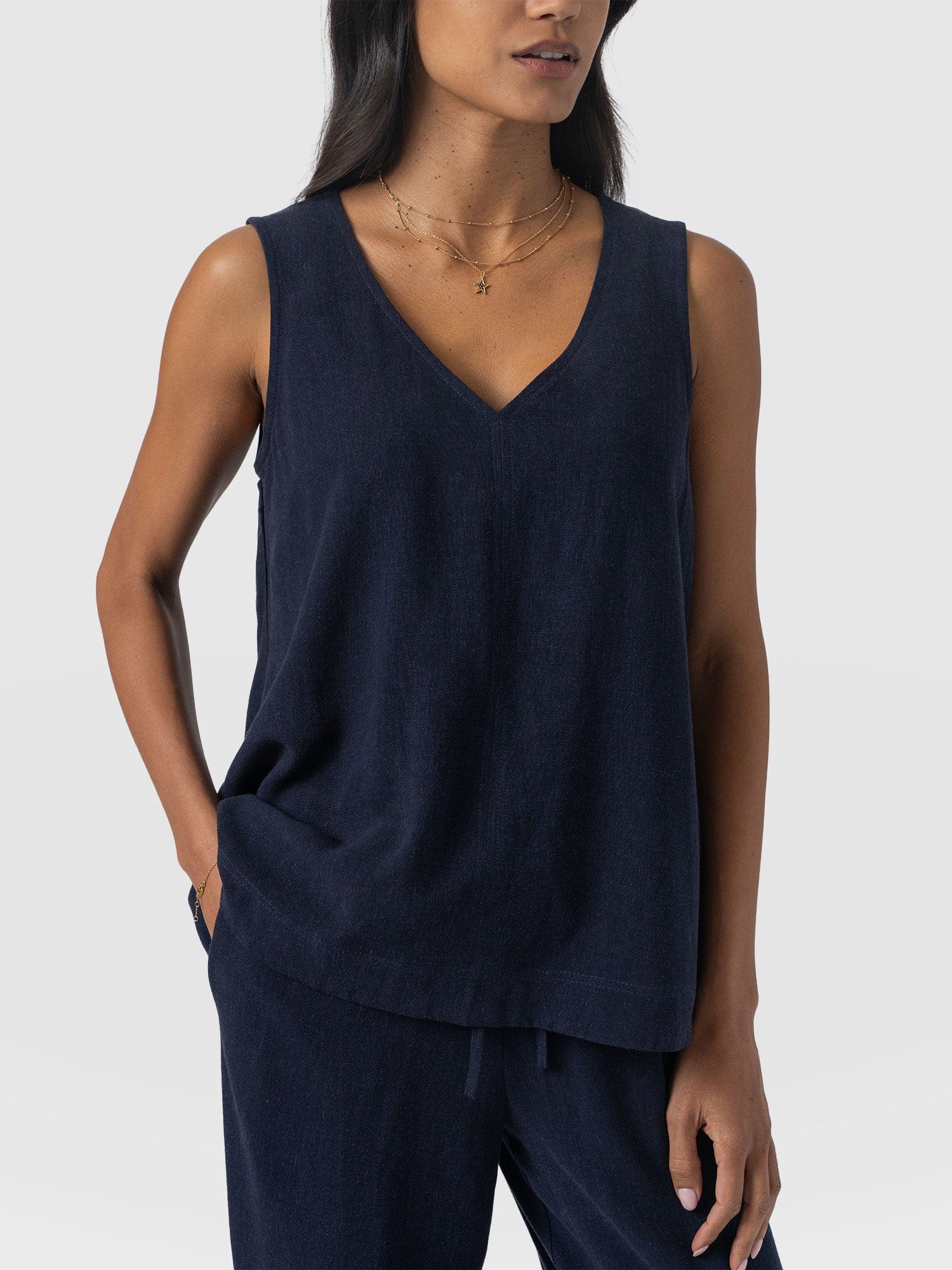 Corinne Linen V Neck Tunic - Navy - Image 3
