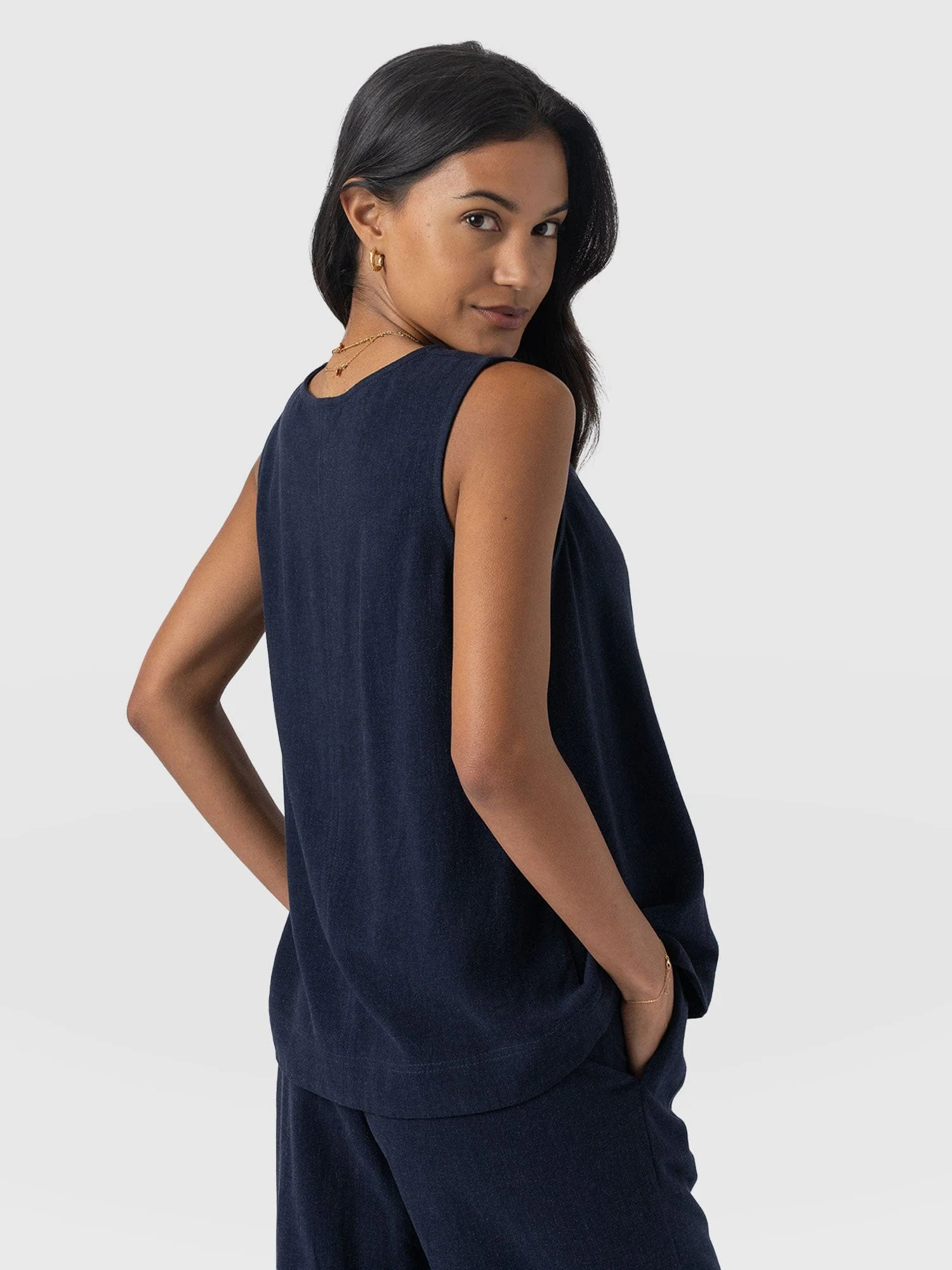 Corinne Linen V Neck Tunic - Navy - Image 6