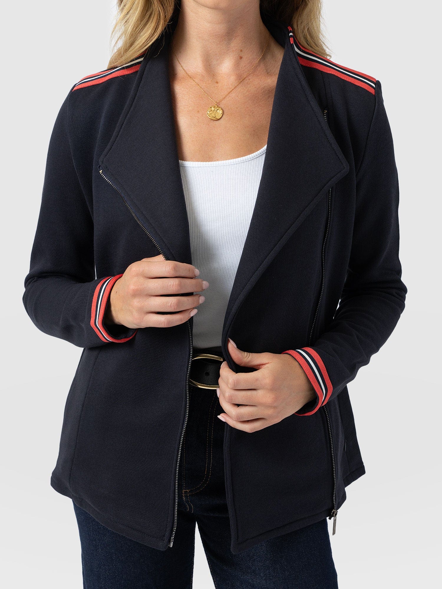 Cotton Biker Jacket - Navy Stripe - Image 3