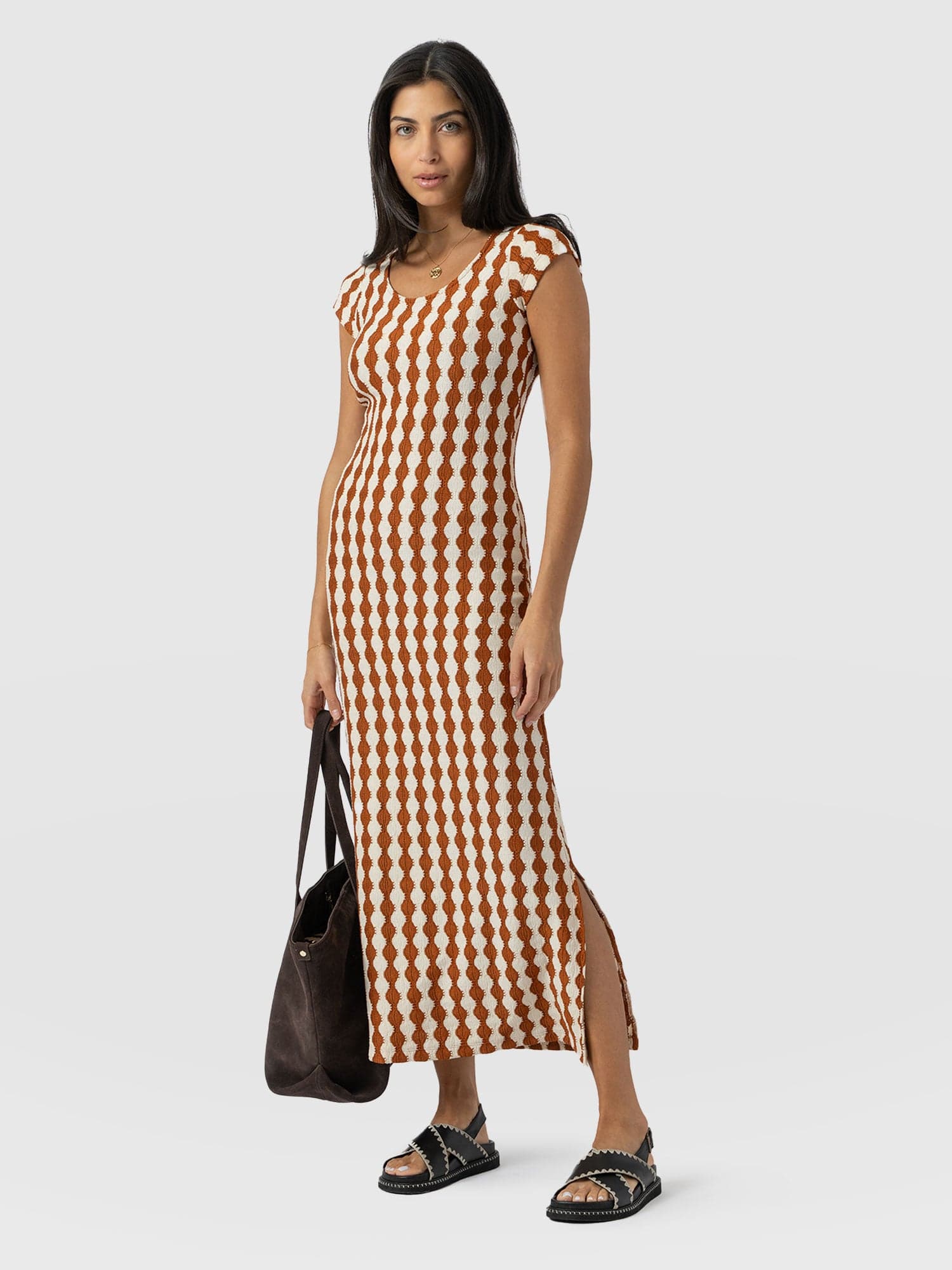 Elise Scoop Neck Midaxi Dress - Brown/Cream - Image 2