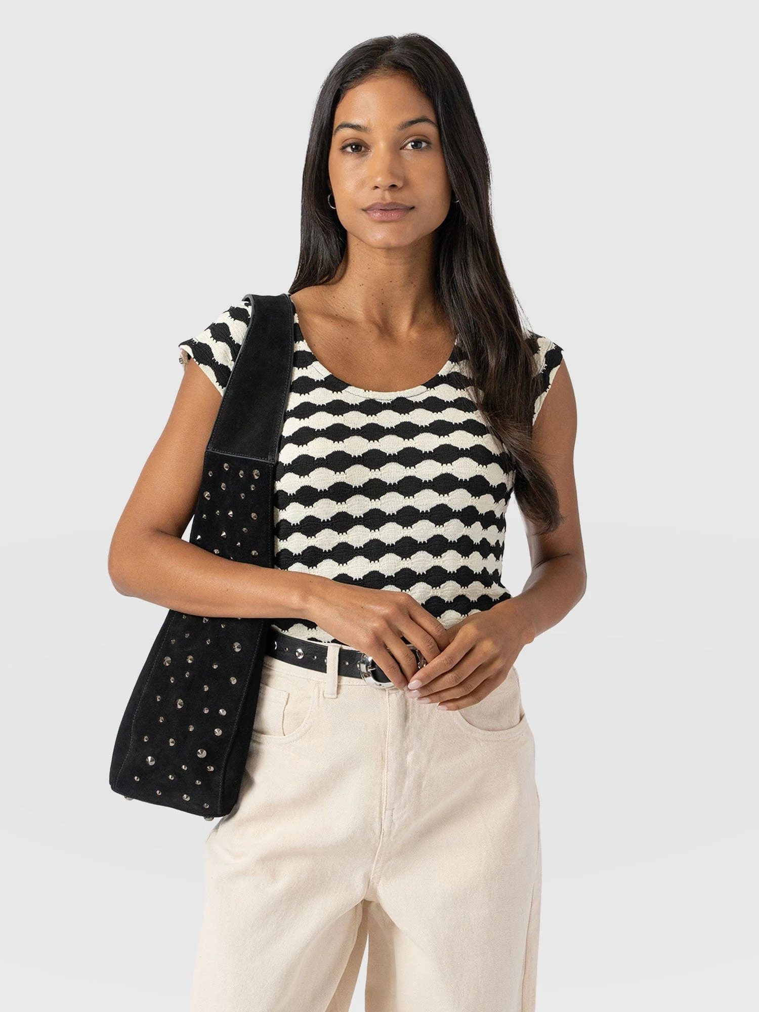 Elise Scoop Neck Tee - Black/Cream - Image 2