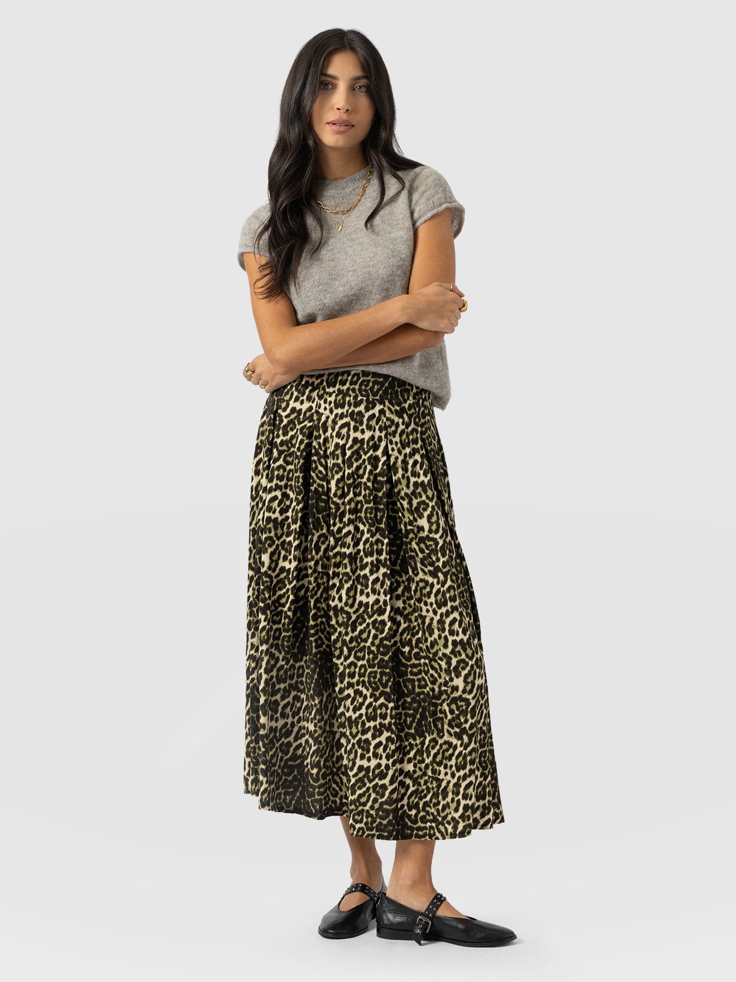 Eliza Pleated Skirt - Green Leopard - Image 2