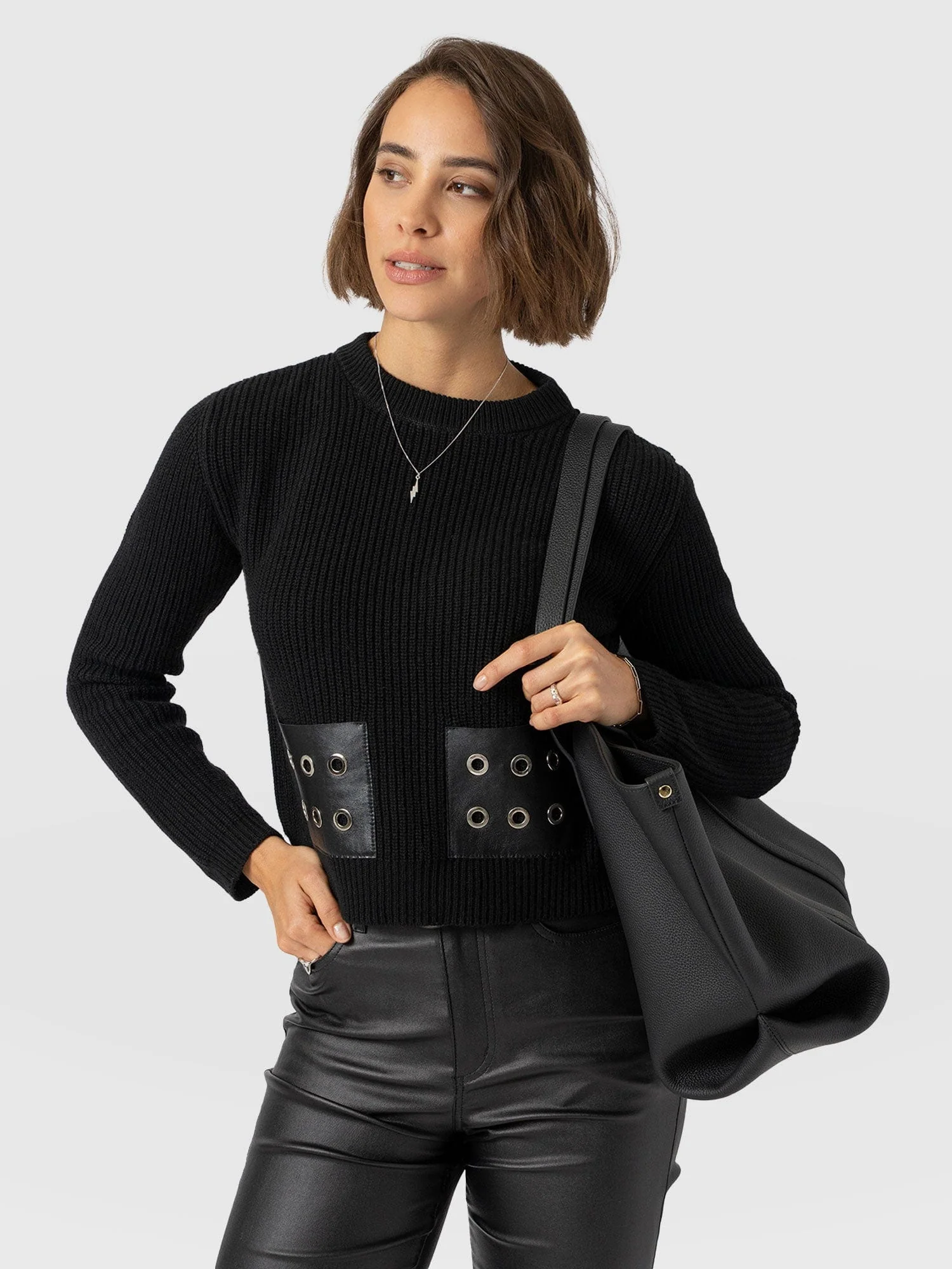Eyelet Rib Knit Jumper - Black - Image 2