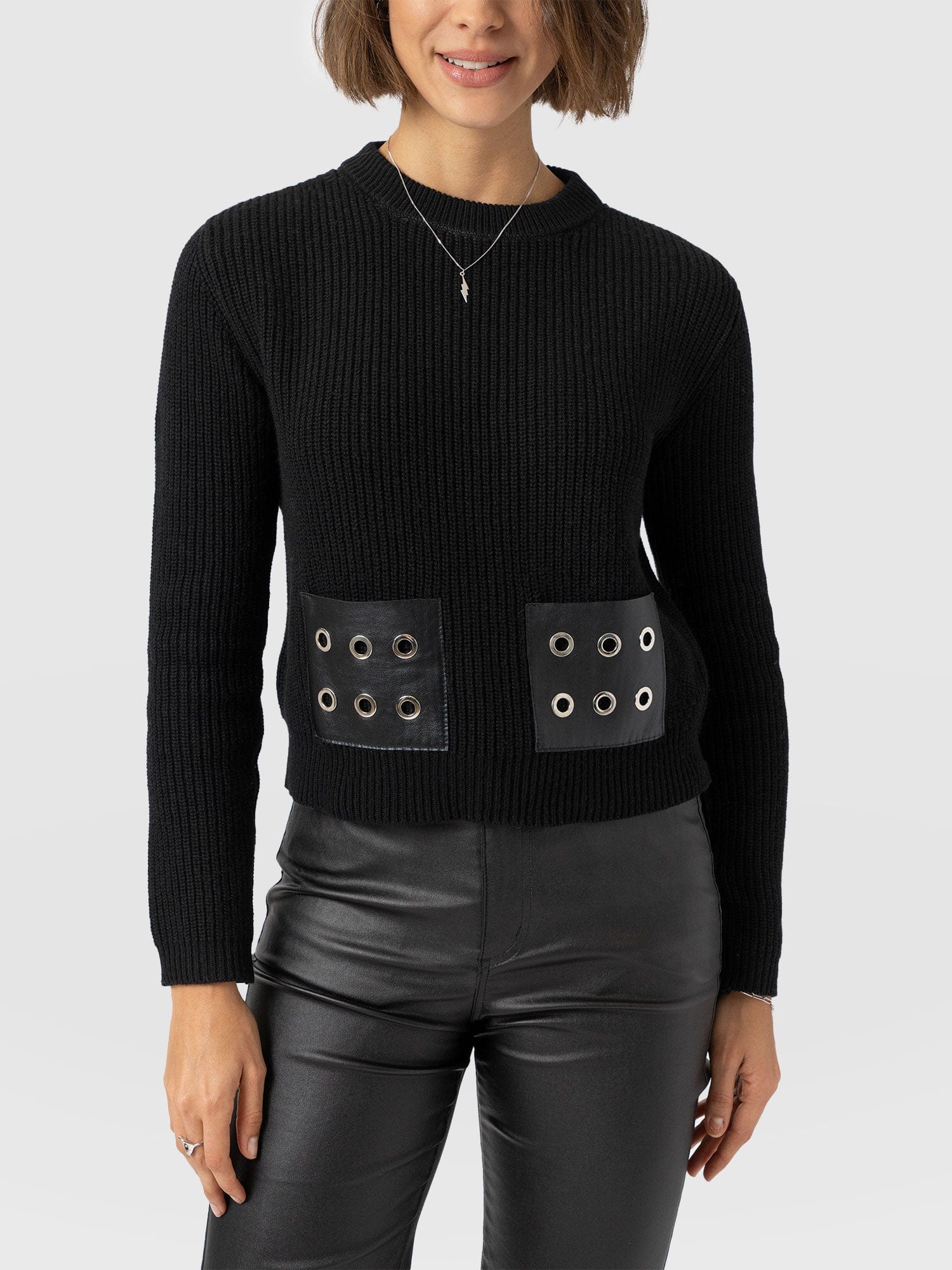 Eyelet Rib Knit Jumper - Black - Image 3