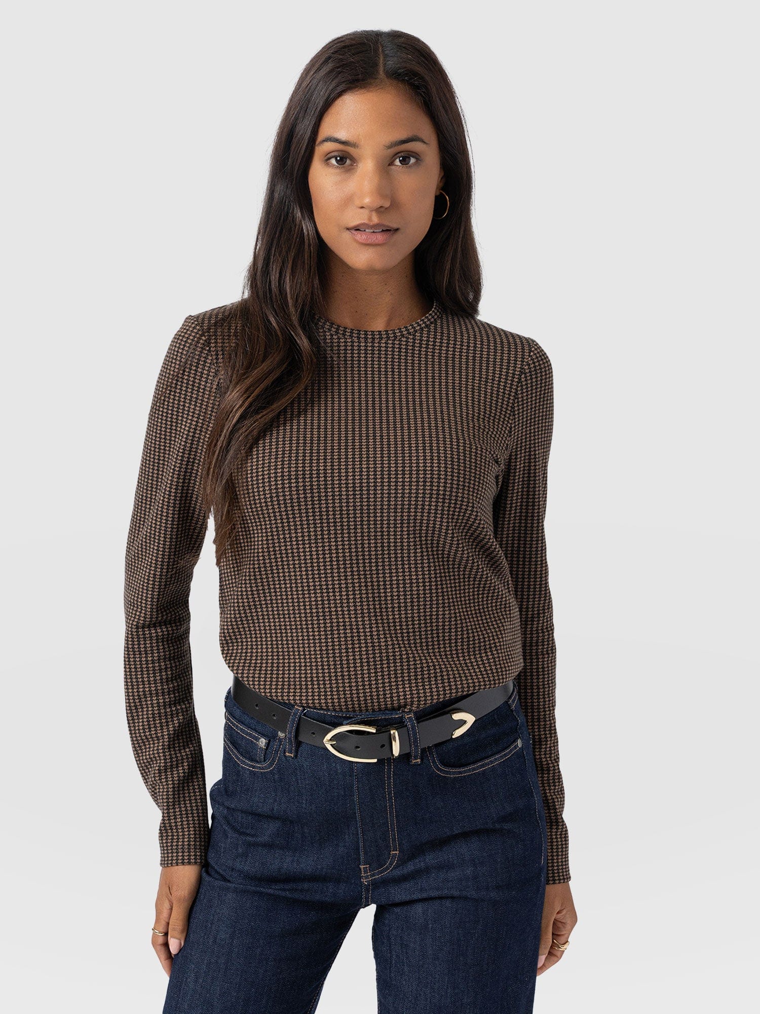 Glen Crew Neck Tee Long Sleeve - Brown Mini Houndstooth - Image 2