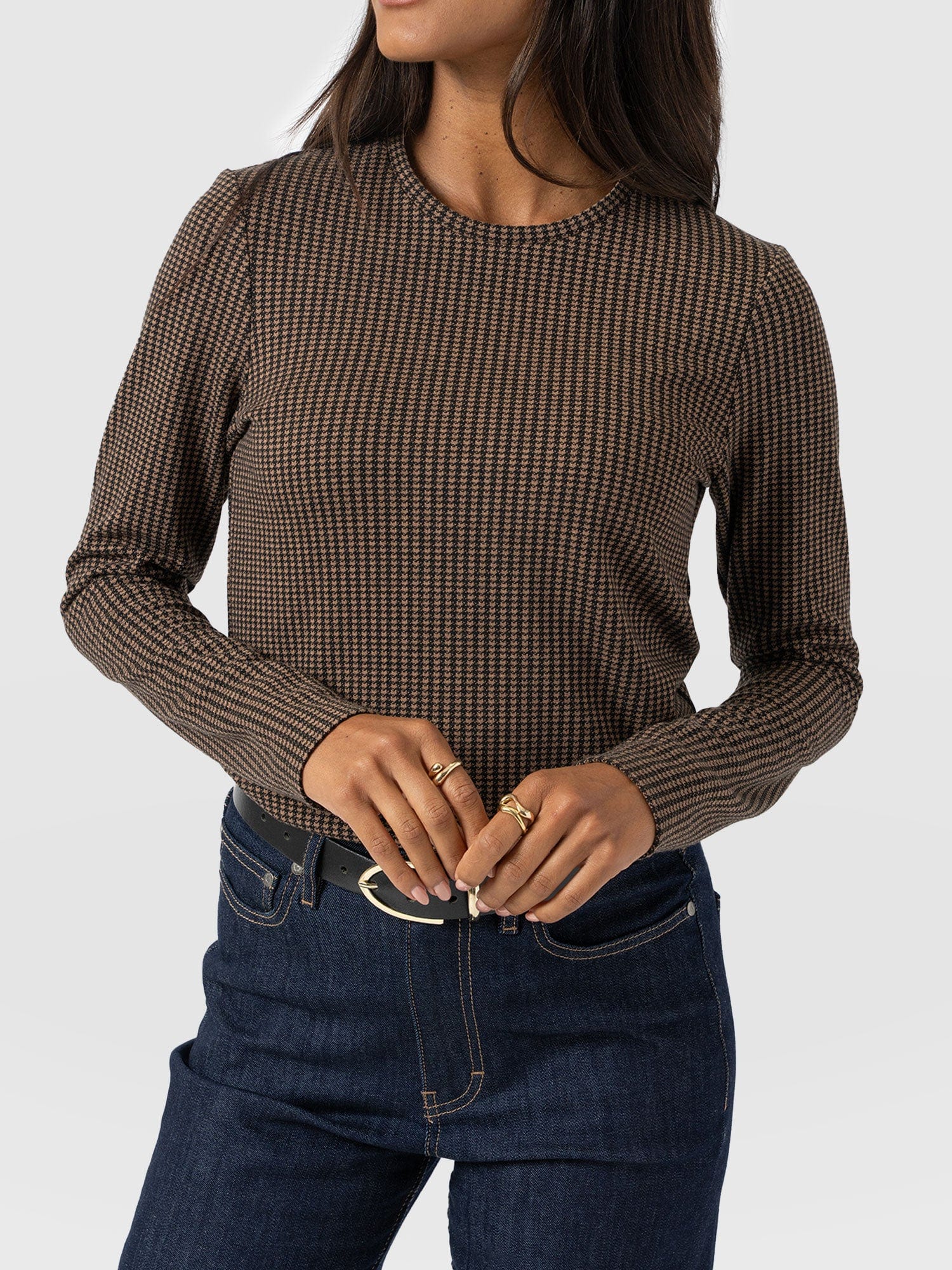 Glen Crew Neck Tee Long Sleeve - Brown Mini Houndstooth - Image 3