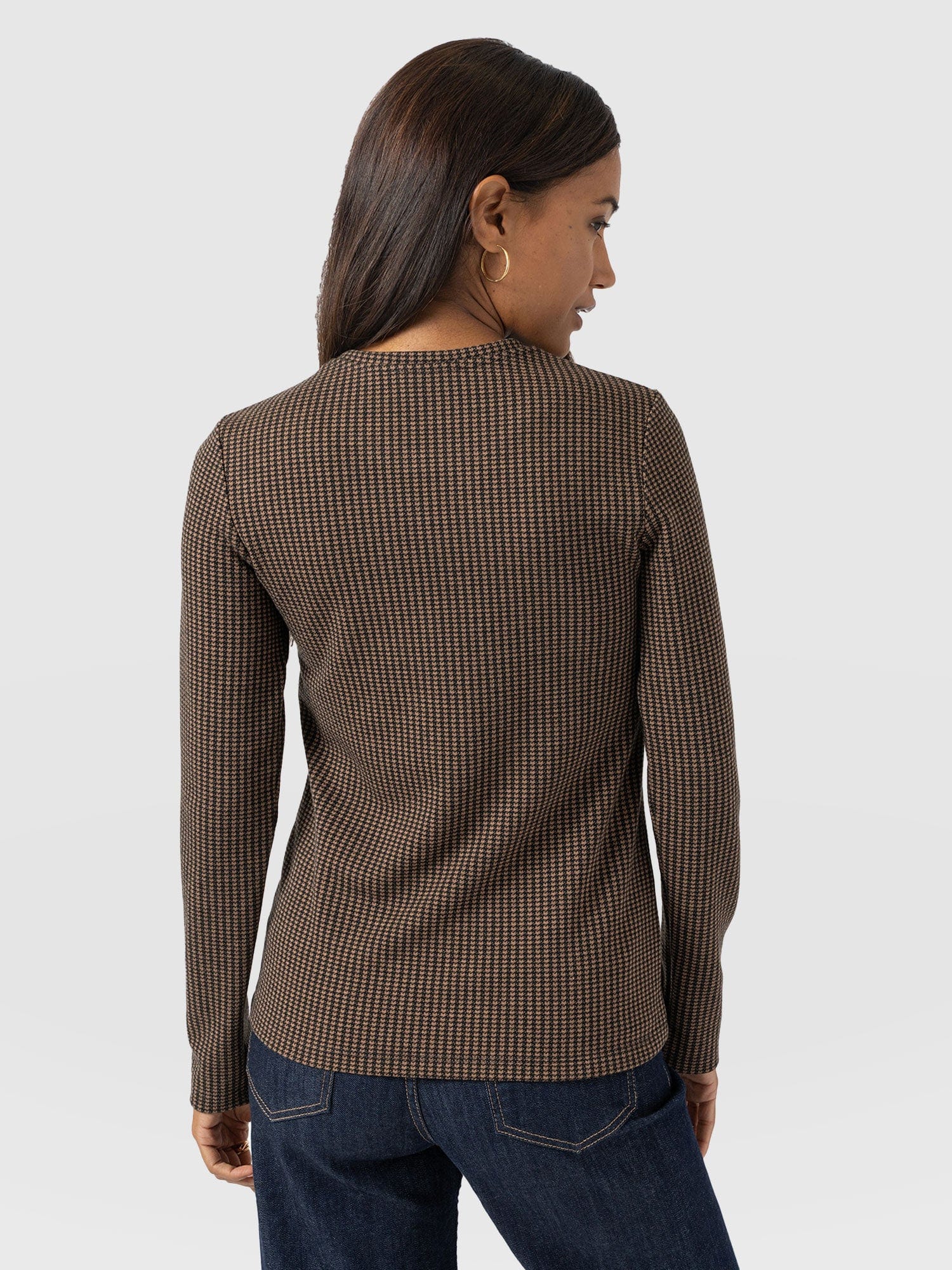 Glen Crew Neck Tee Long Sleeve - Brown Mini Houndstooth - Image 6