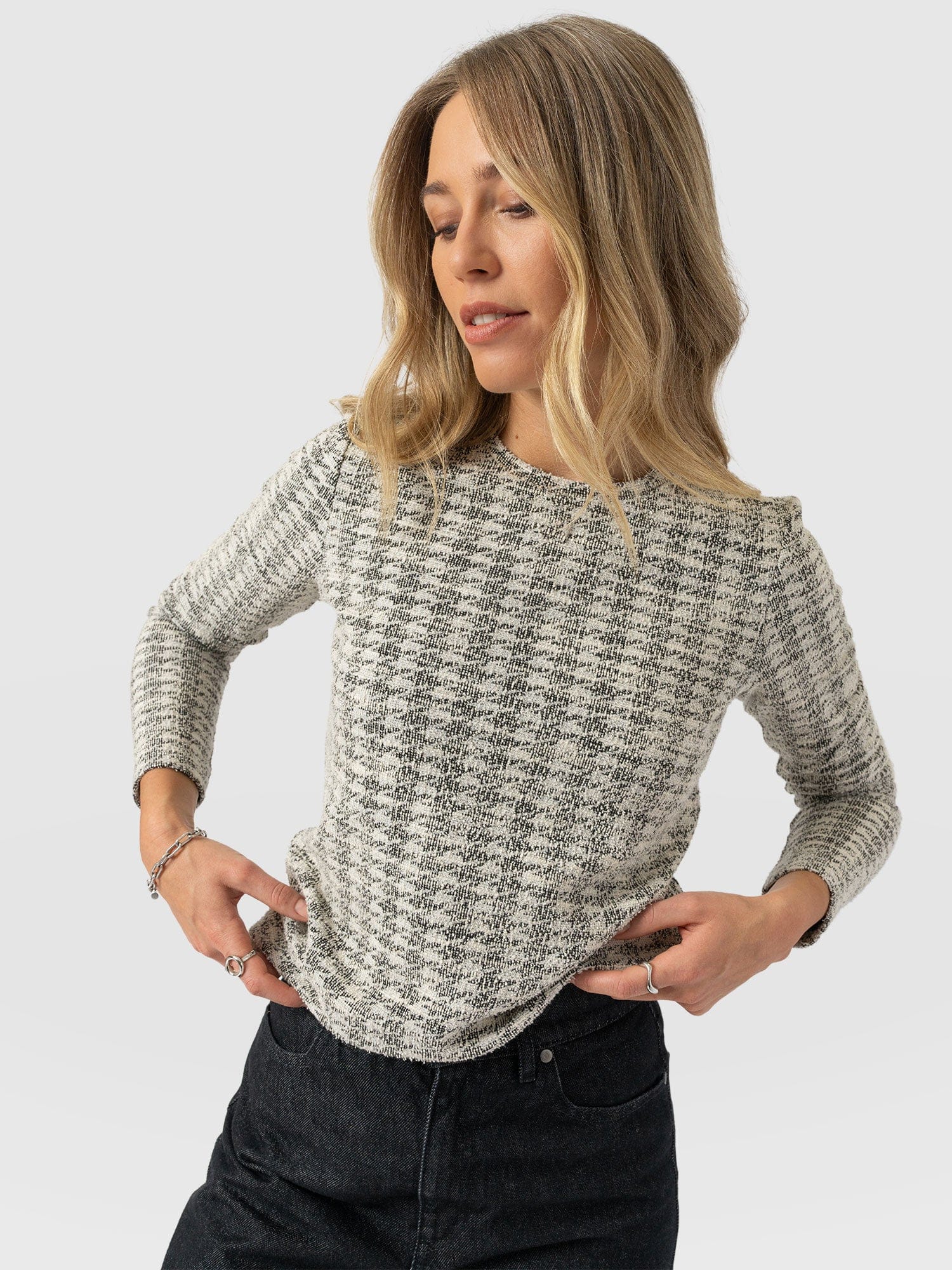 Glen Crew Neck Tee Long Sleeve - Cream Boucle - Image 2