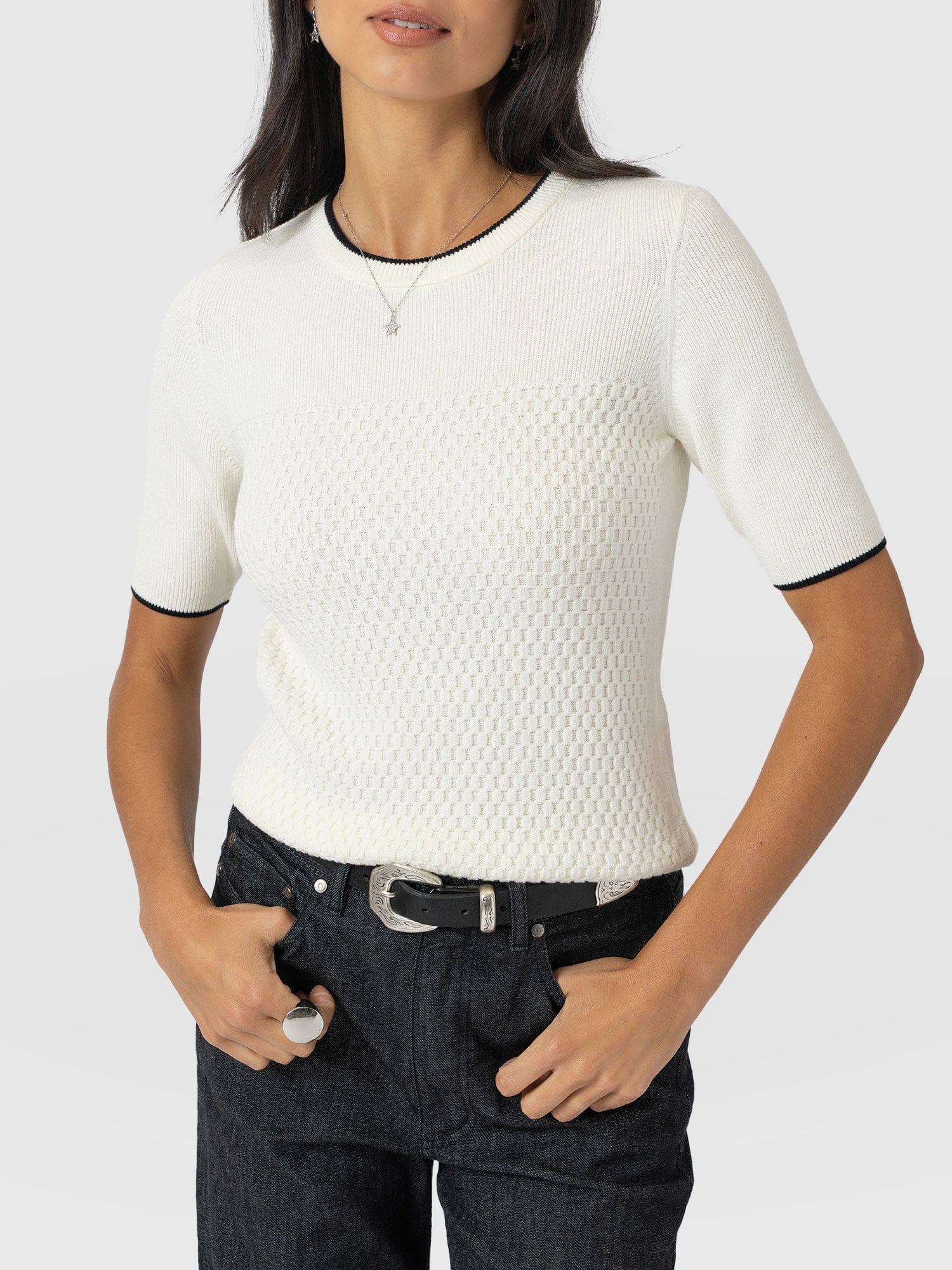 Honeycomb Short Sleeve Knit - Cream - Image 3