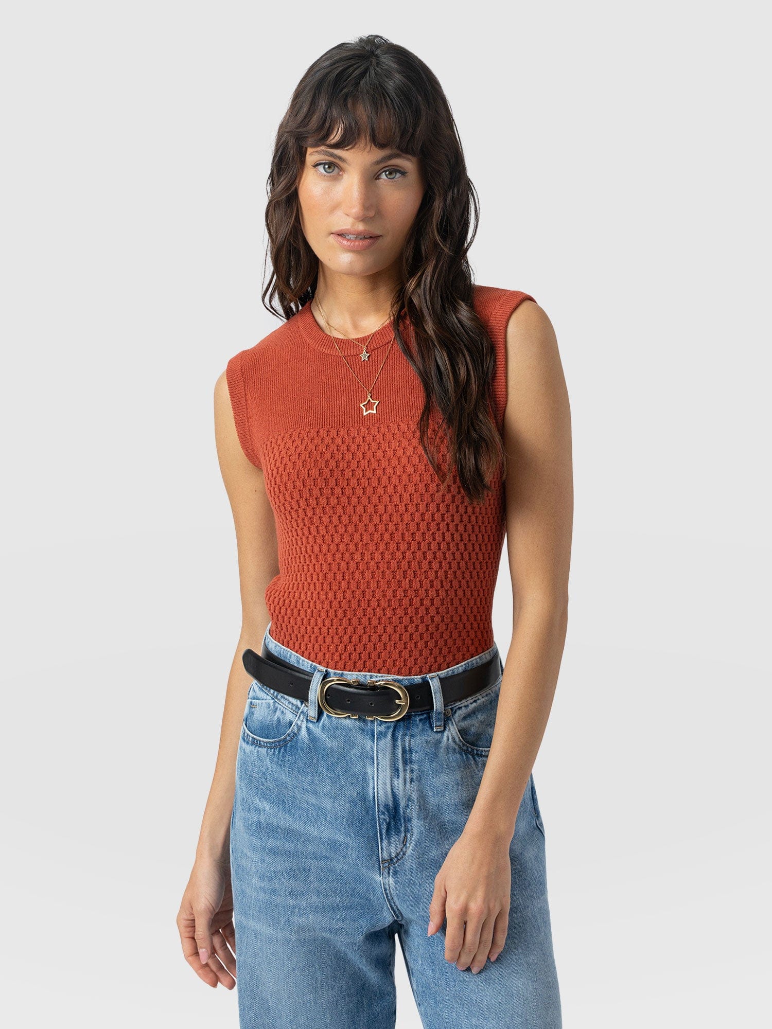 Honeycomb Sleeveless Rib Knit - Burnt Orange - Image 2