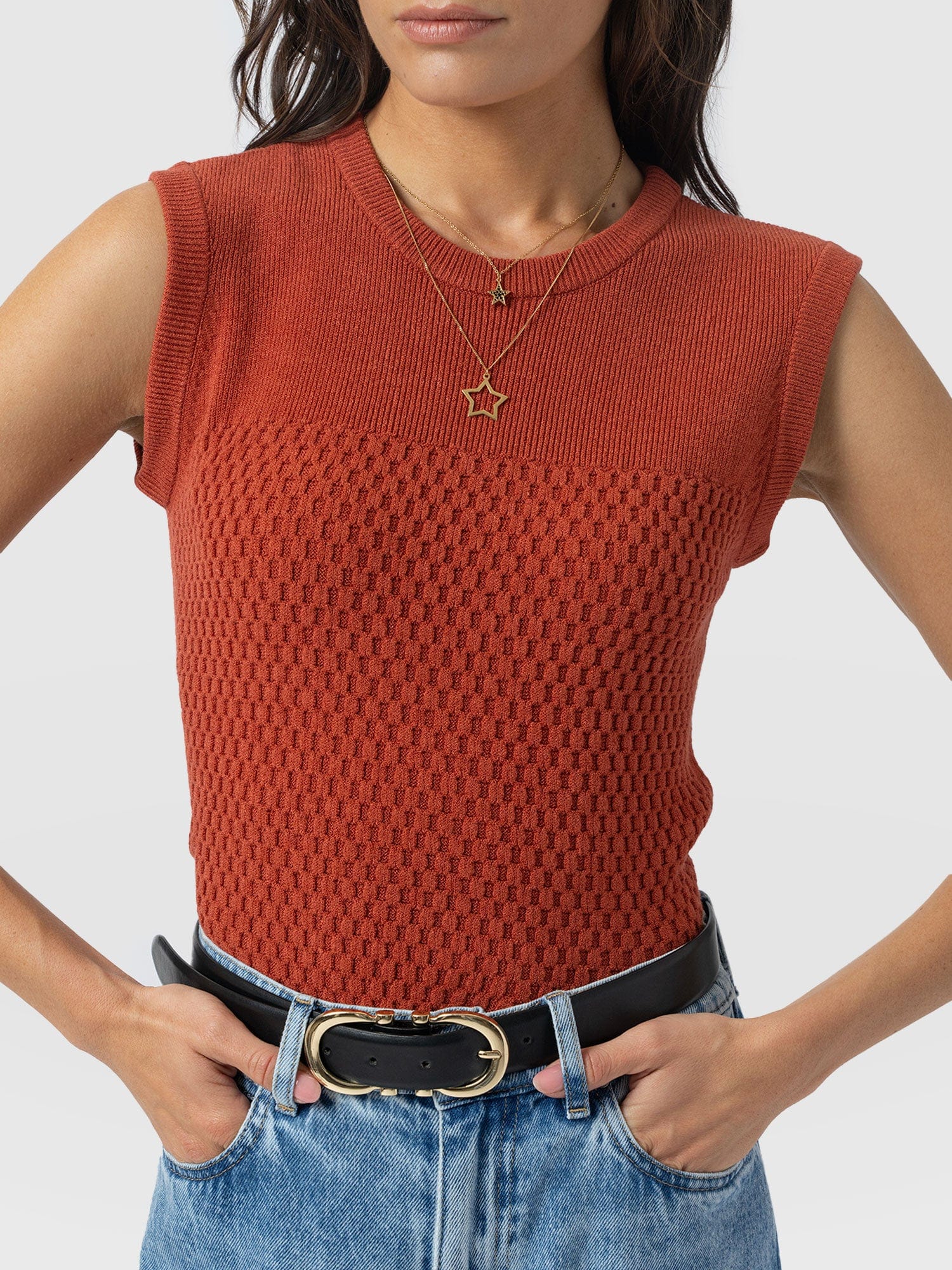 Honeycomb Sleeveless Rib Knit - Burnt Orange - Image 3