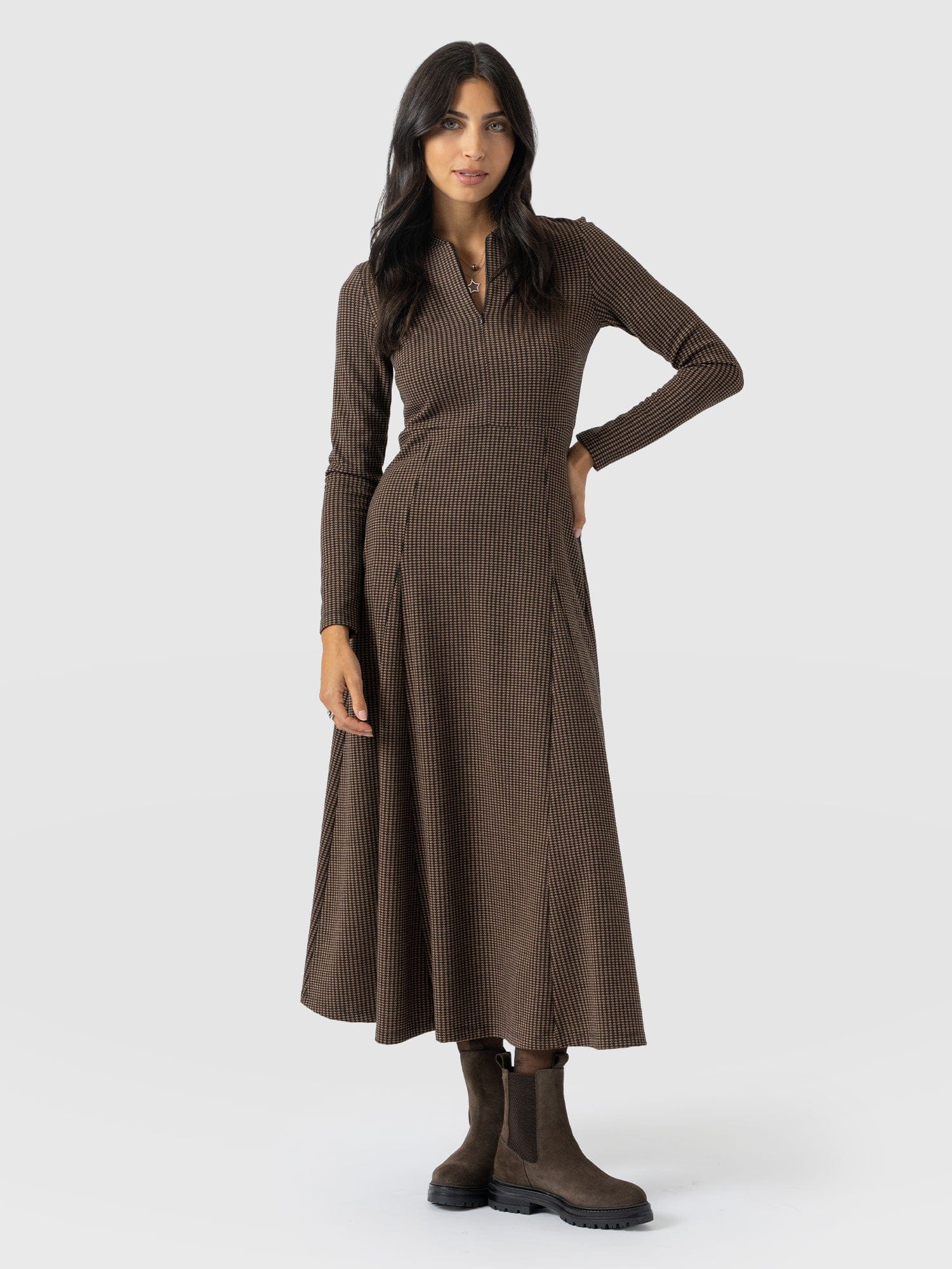 Macie Zip Up Dress - Brown Mini Houndstooth - Image 2