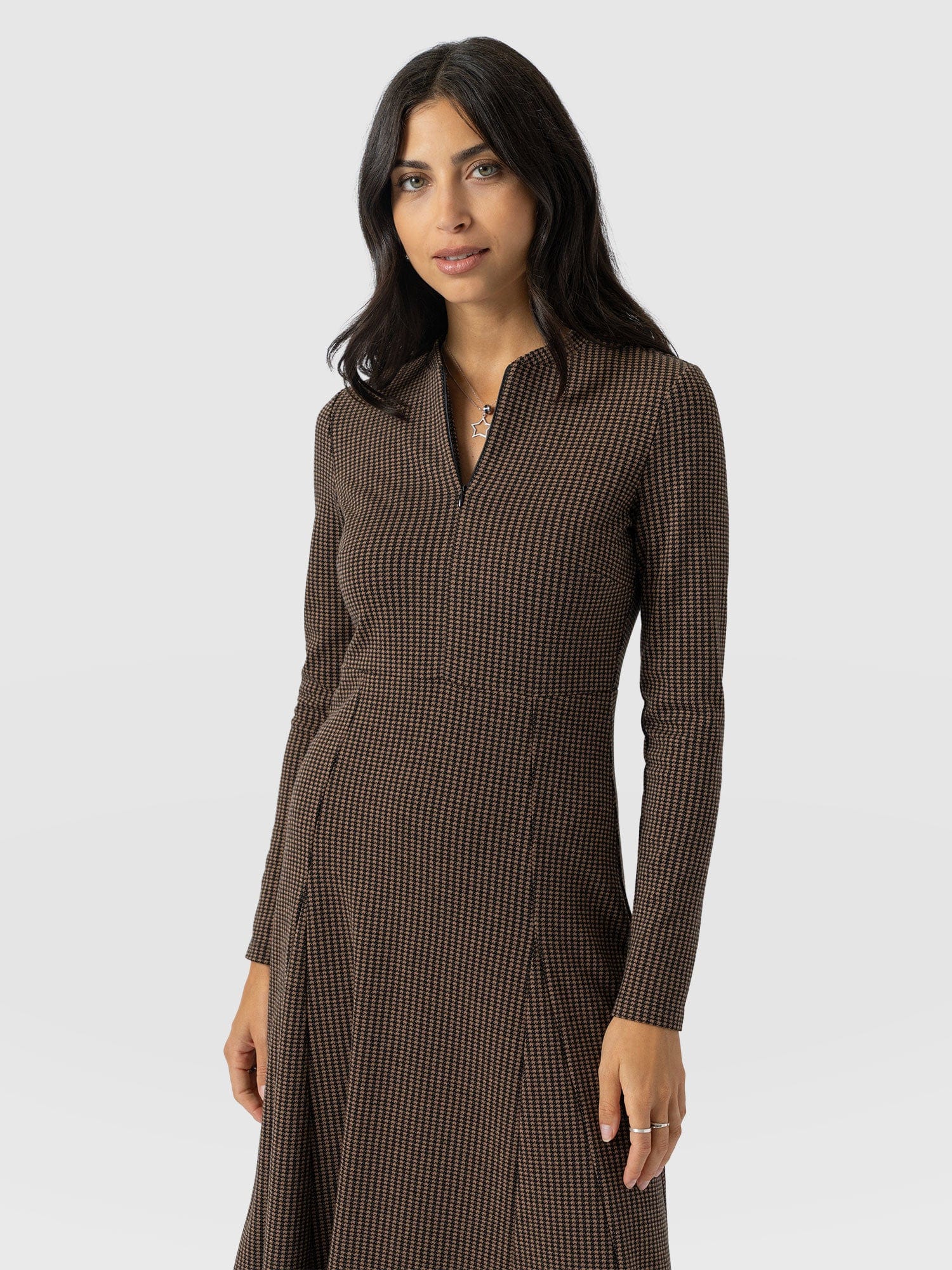 Macie Zip Up Dress - Brown Mini Houndstooth - Image 3
