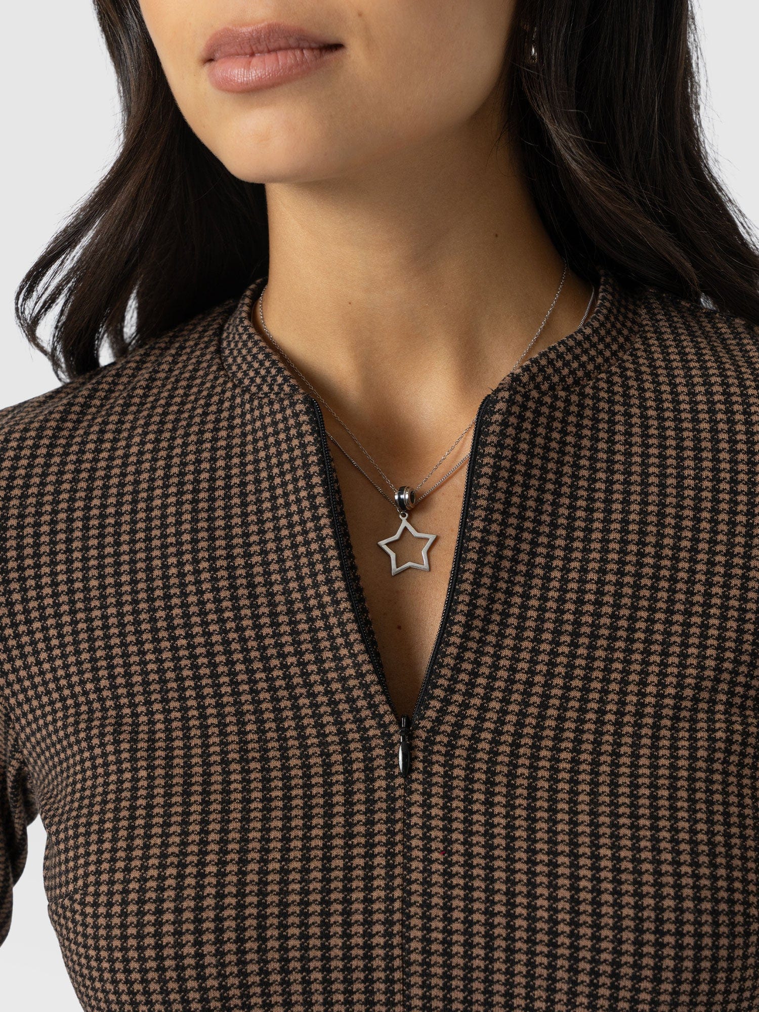 Macie Zip Up Dress - Brown Mini Houndstooth - Image 4