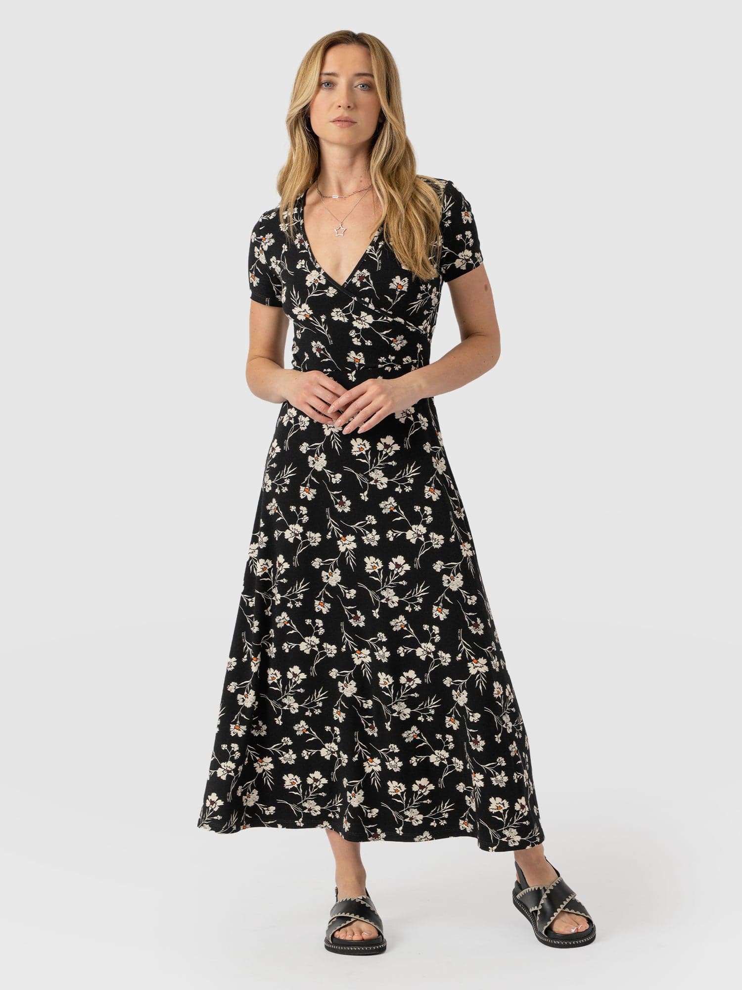 Maggie Wrap Short Sleeve Midi Dress - Black Floral