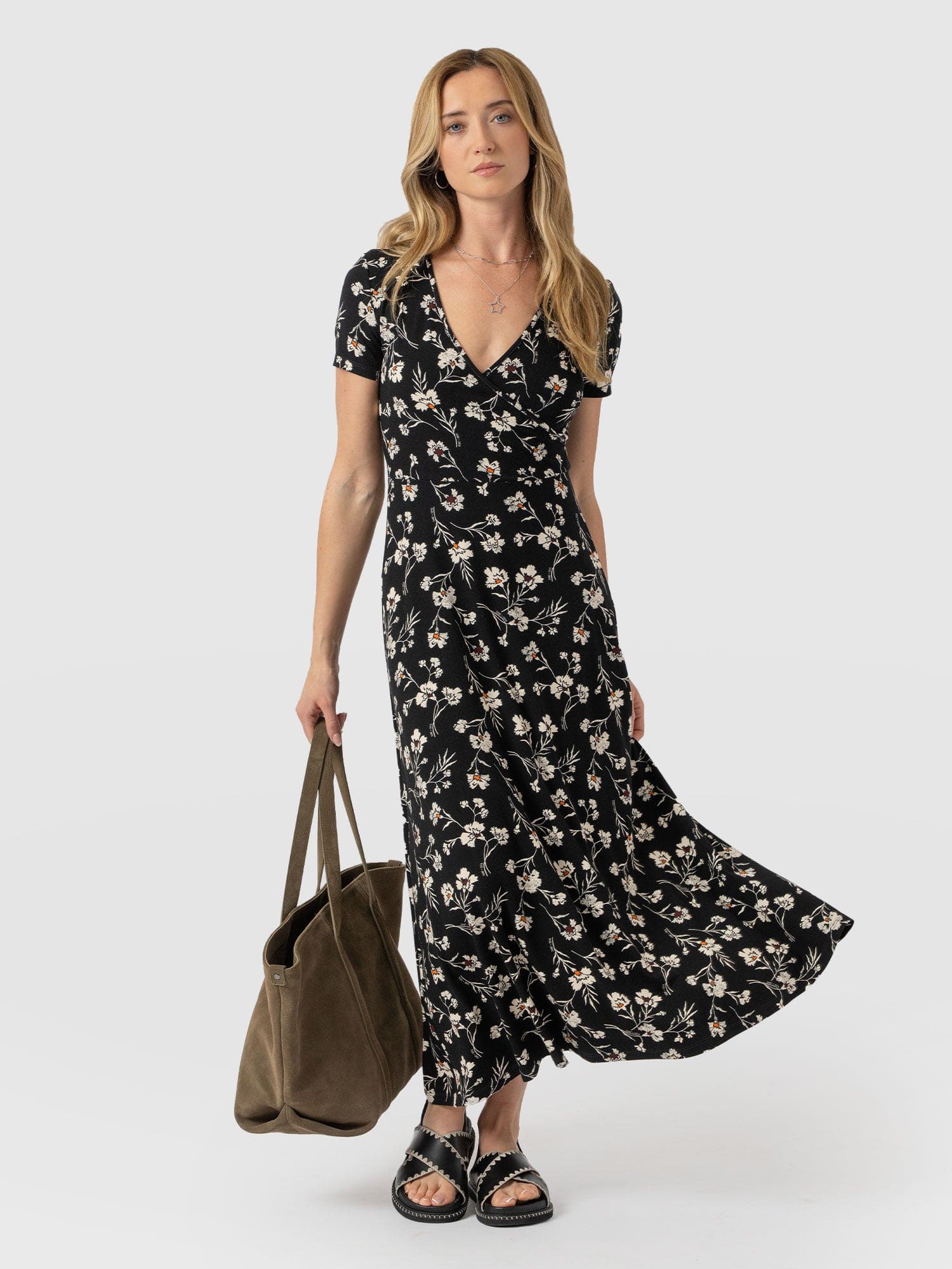 Maggie Wrap Short Sleeve Midi Dress - Black Floral - Image 2