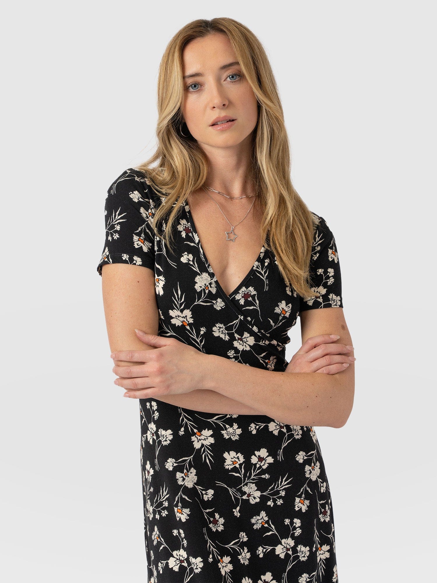 Maggie Wrap Short Sleeve Midi Dress - Black Floral - Image 3