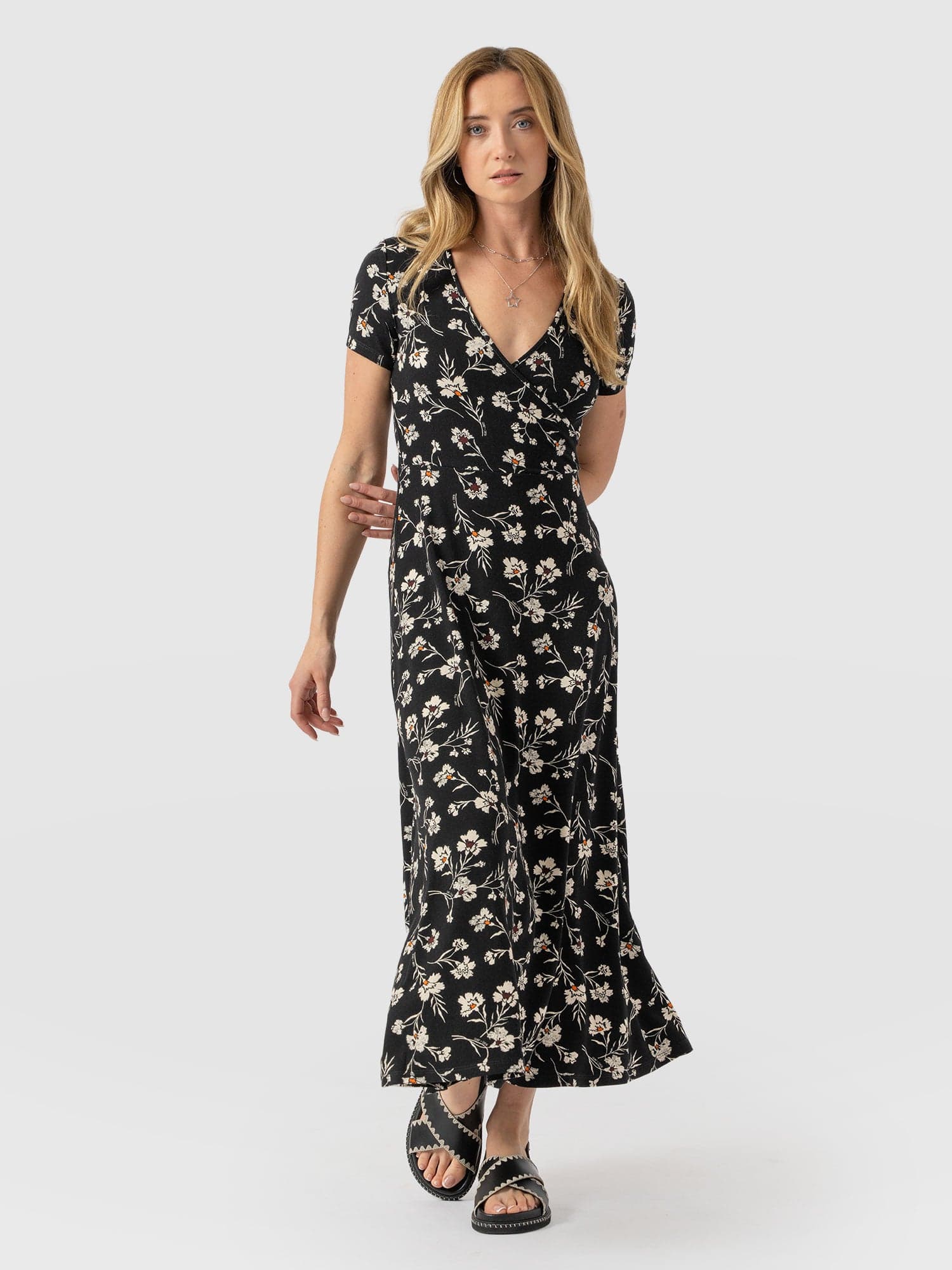 Maggie Wrap Short Sleeve Midi Dress - Black Floral - Image 6