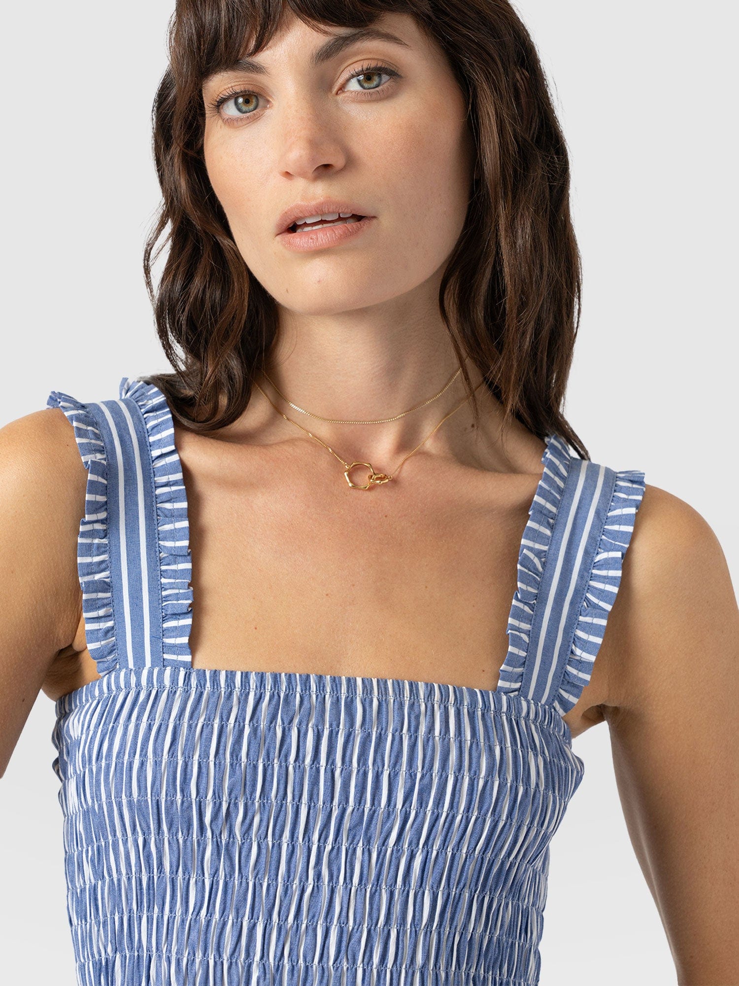 Maya Shirring Dress - Blue Stripe - Image 4