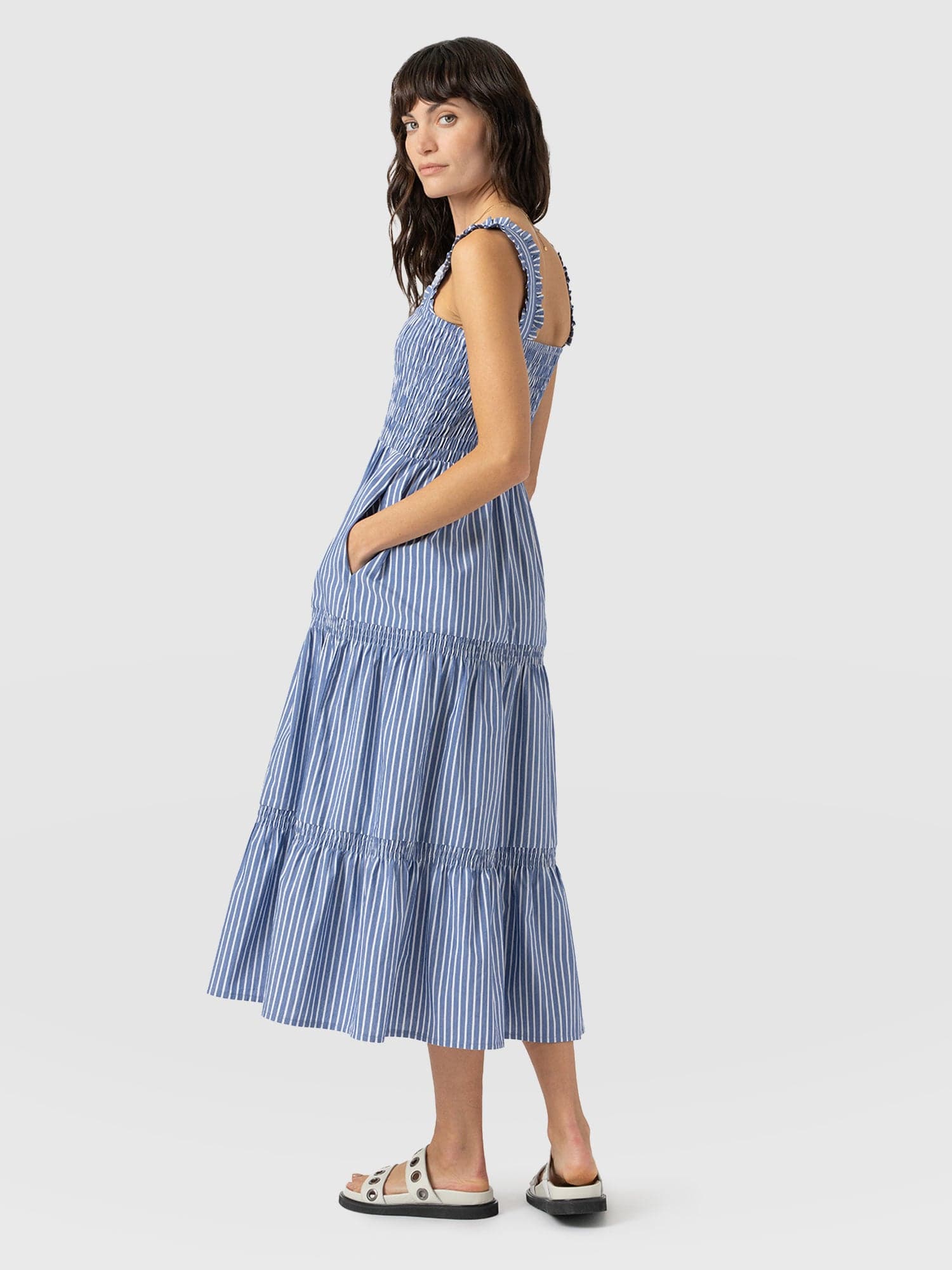 Maya Shirring Dress - Blue Stripe - Image 6