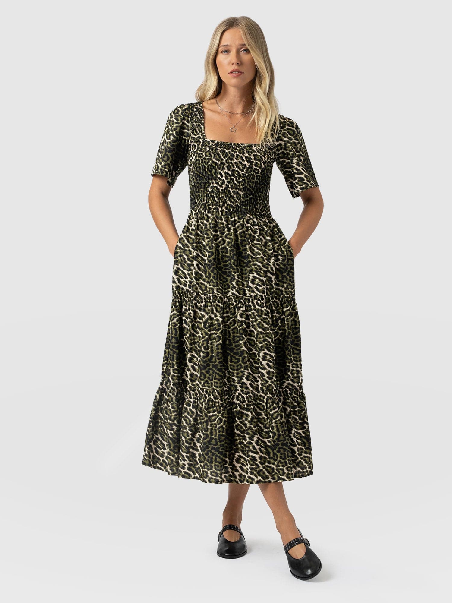 Maya Shirring Short Sleeve Dress - Green Leopard - Image 2
