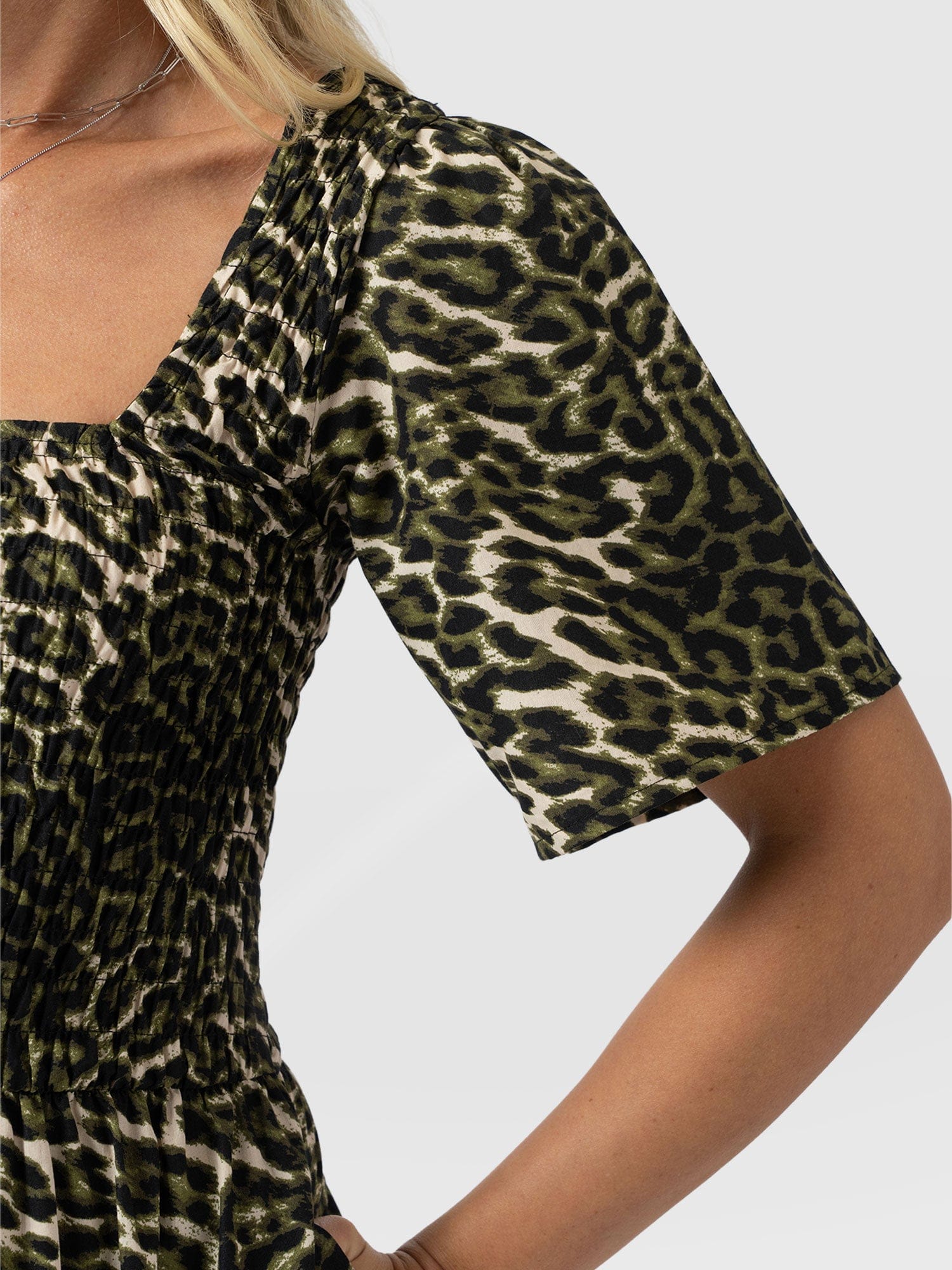 Maya Shirring Short Sleeve Dress - Green Leopard - Image 4