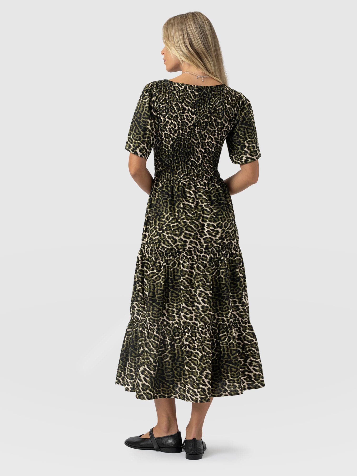 Maya Shirring Short Sleeve Dress - Green Leopard - Image 6
