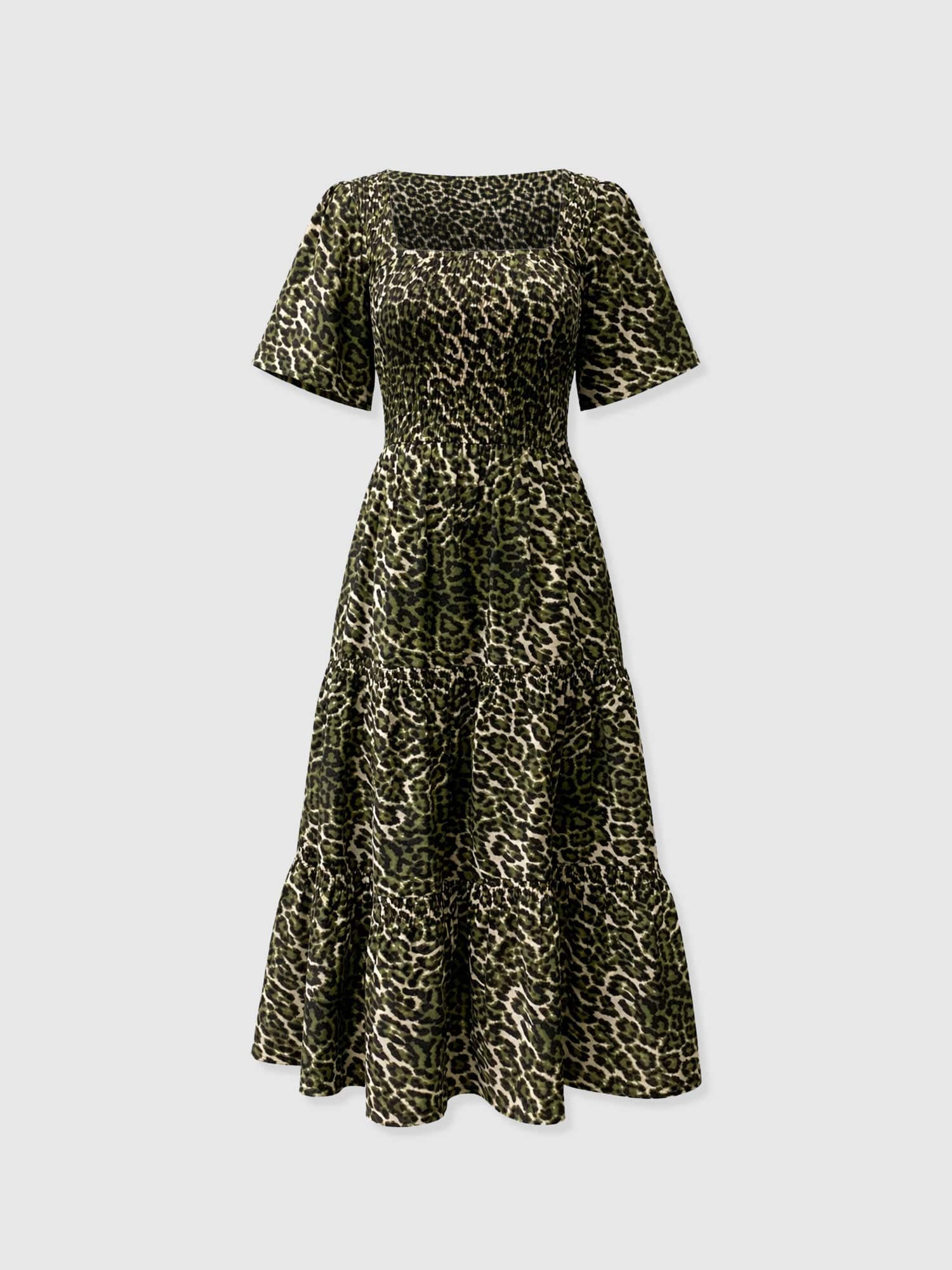 Maya Shirring Short Sleeve Dress - Green Leopard - Image 7