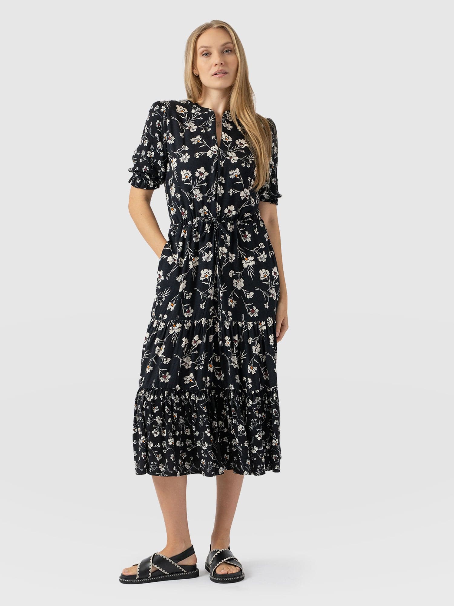 Olivia Zip Up Short Sleeve Dress - Black Spring Floral