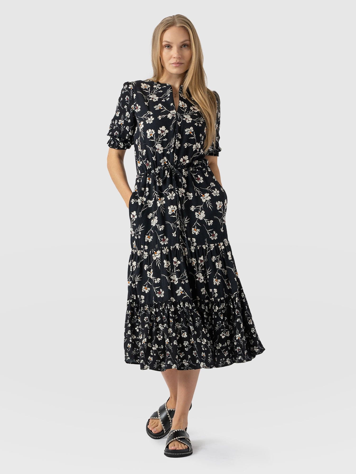 Olivia Zip Up Short Sleeve Dress - Black Spring Floral - Image 2