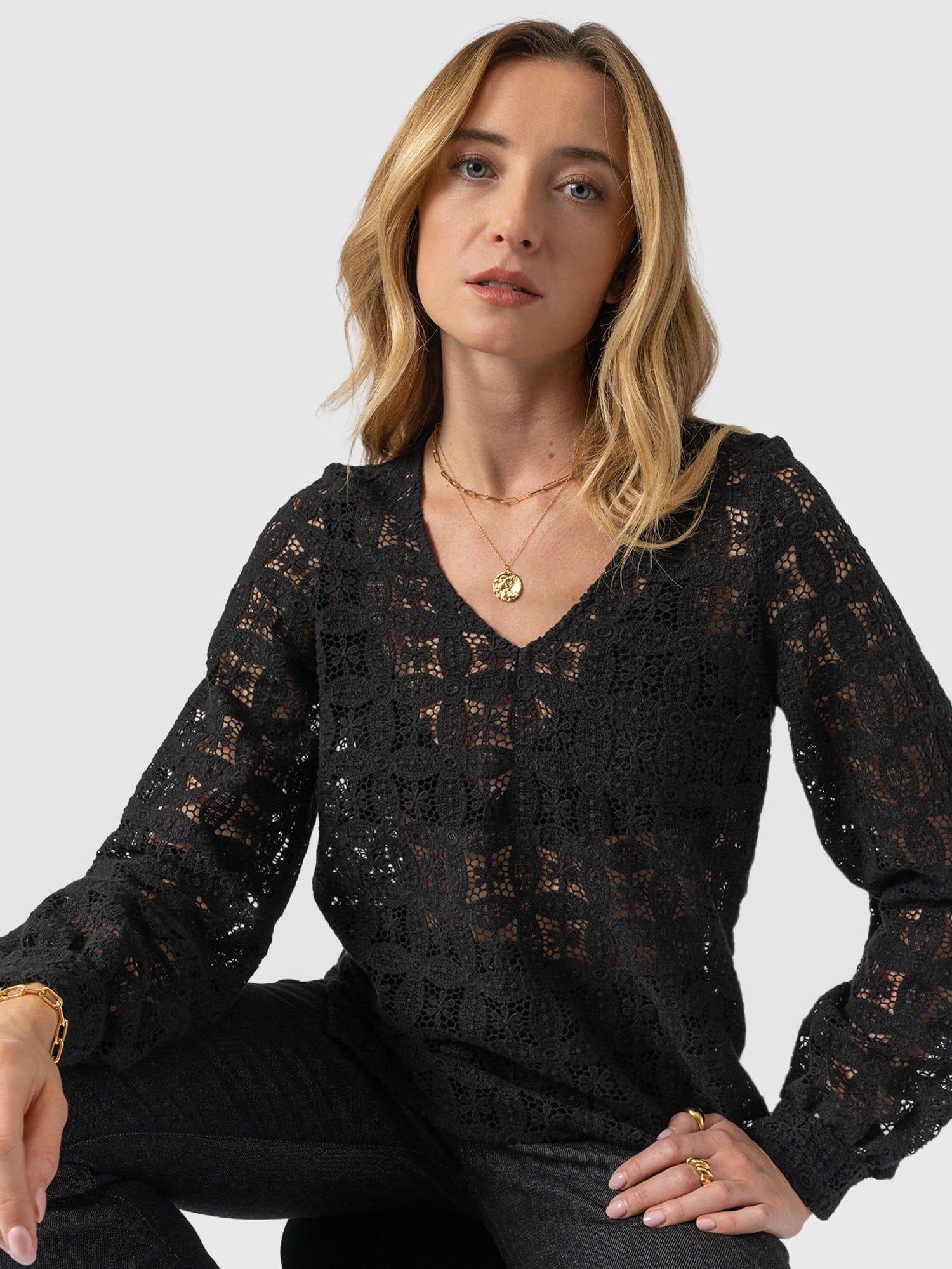 Ottilie V Neck Blouse - Black Broderie - Image 2