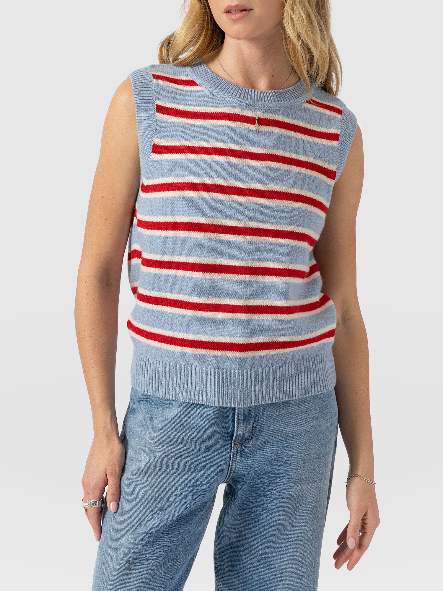 Oxford Cashmere Sleeveless Knit - Blue Stripe - Image 3