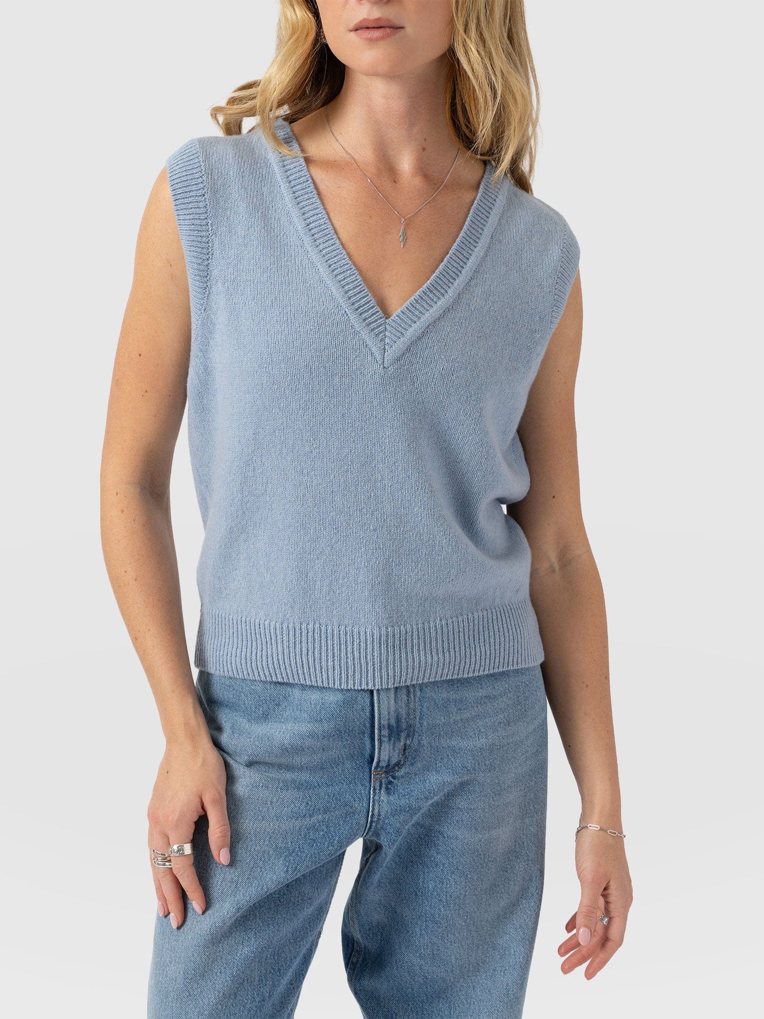 Oxford Cashmere V Neck Sleeveless Knit - Blue - Image 4
