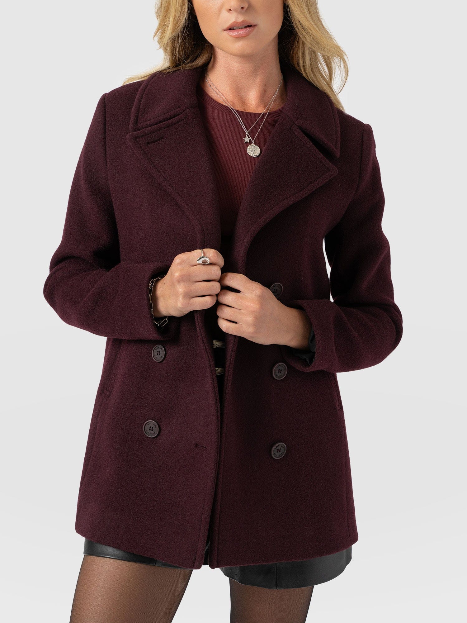 Quinn Pea Coat - Maroon - Image 2