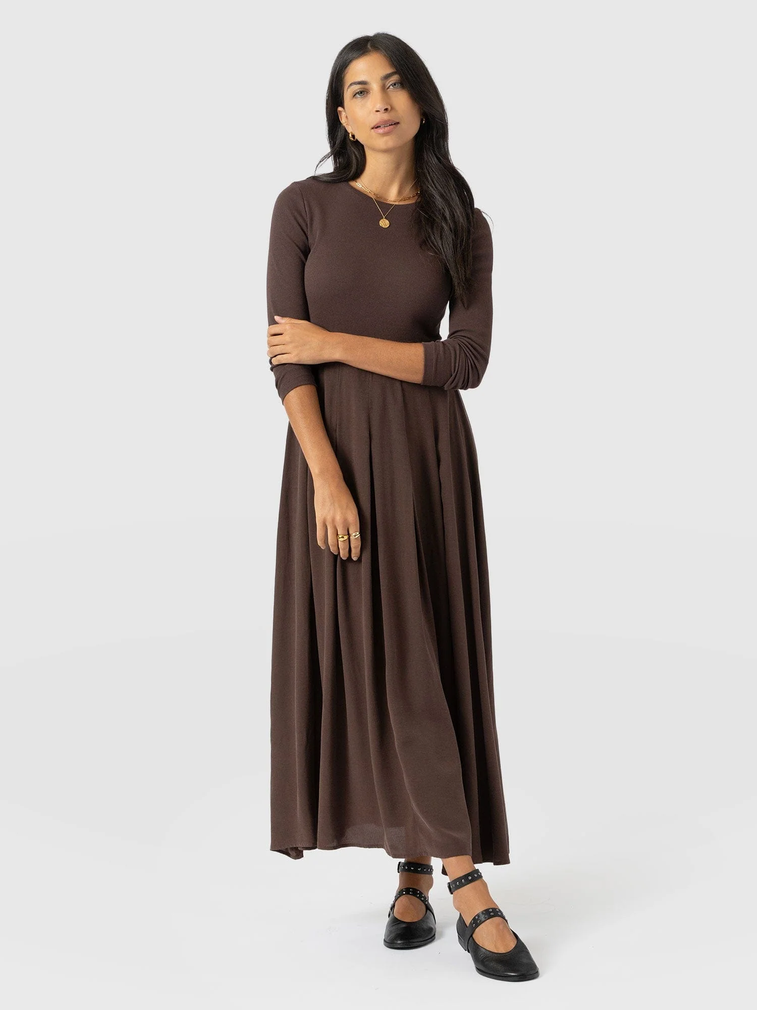 Renee Contrast Long Sleeve Dress - Brown - Image 2