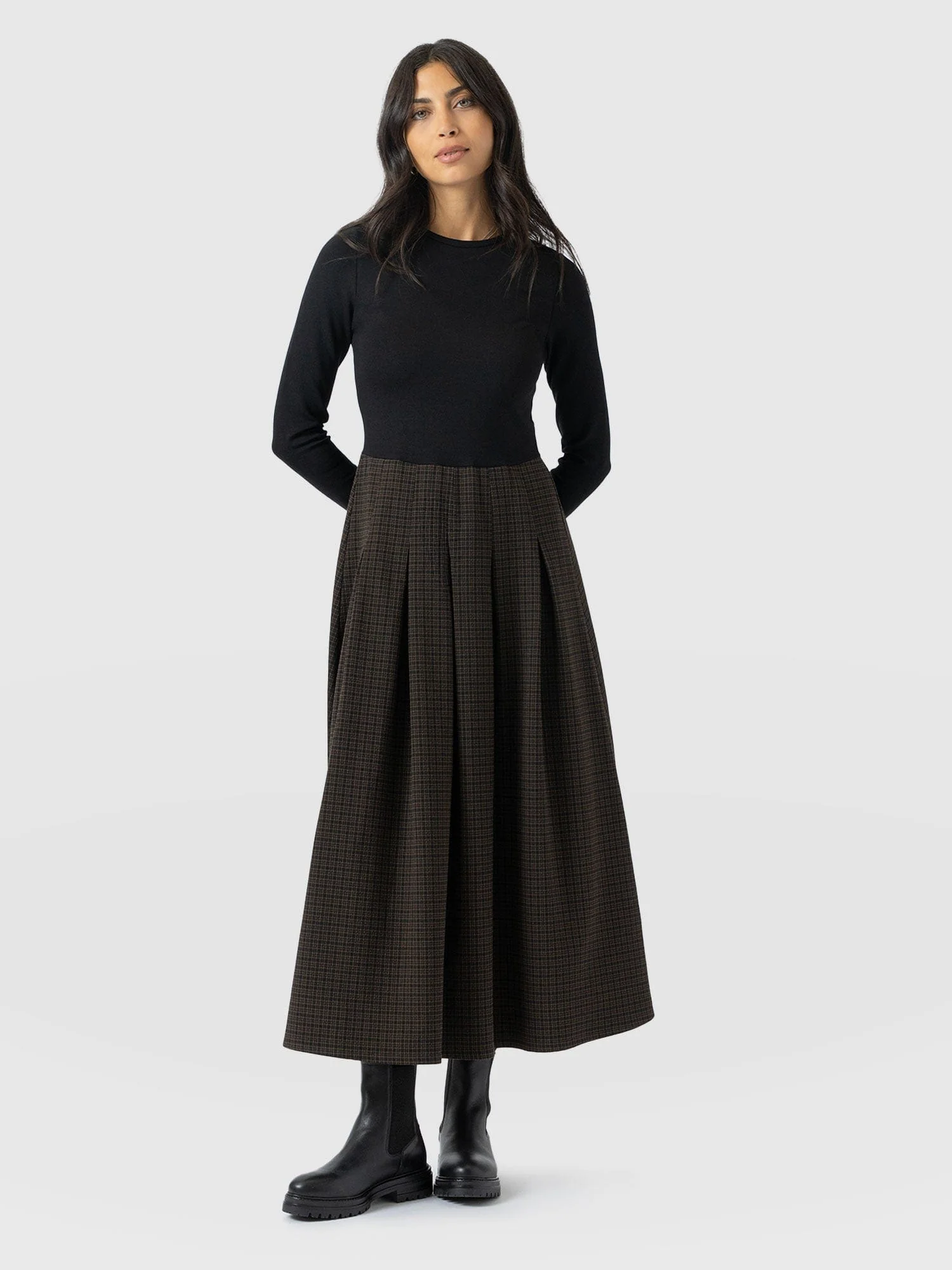 Renee Contrast Long Sleeve Dress - Brown Check