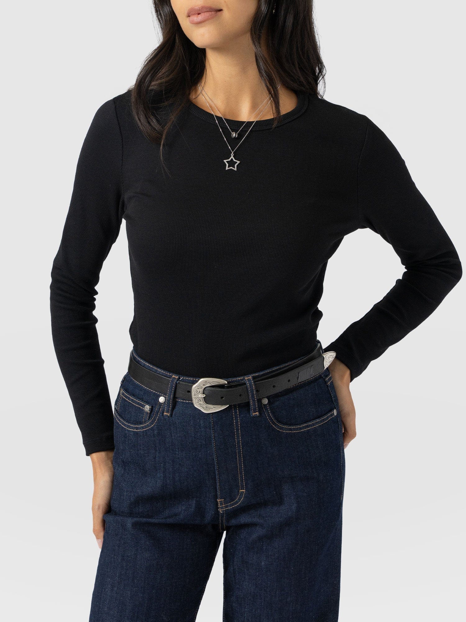 Ribbed Long Sleeve Tee - Black - Image 3