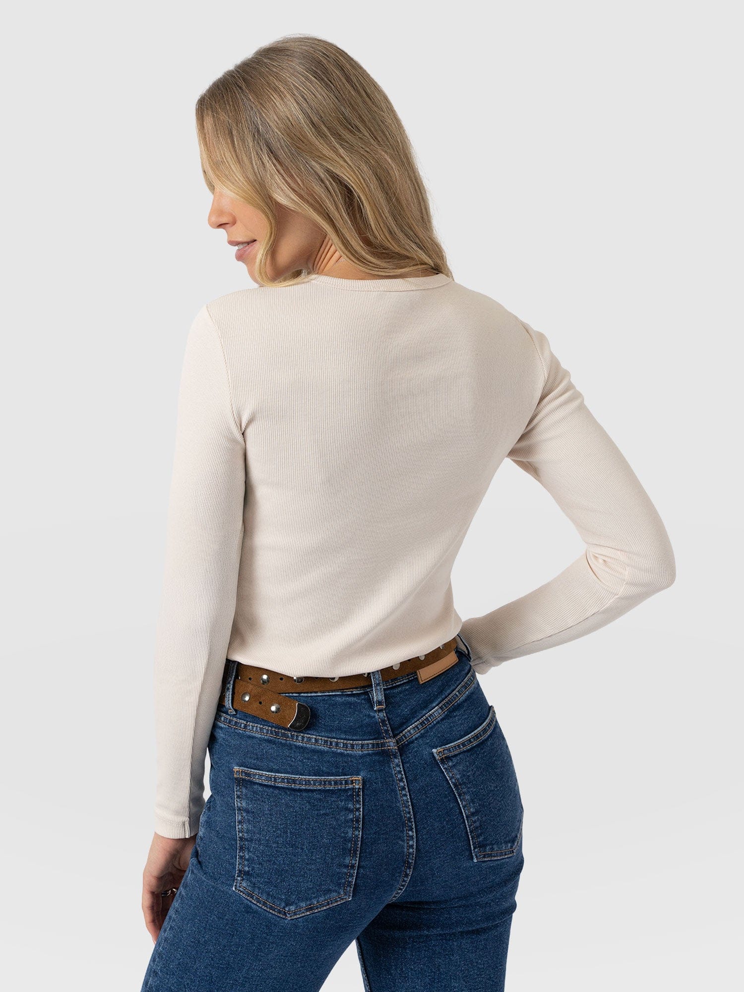 Ribbed Long Sleeve Tee - Cream - Image 6