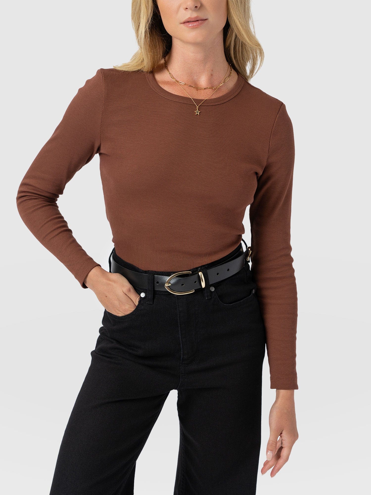 Ribbed Long Sleeve Tee - Russet Brown - Image 3